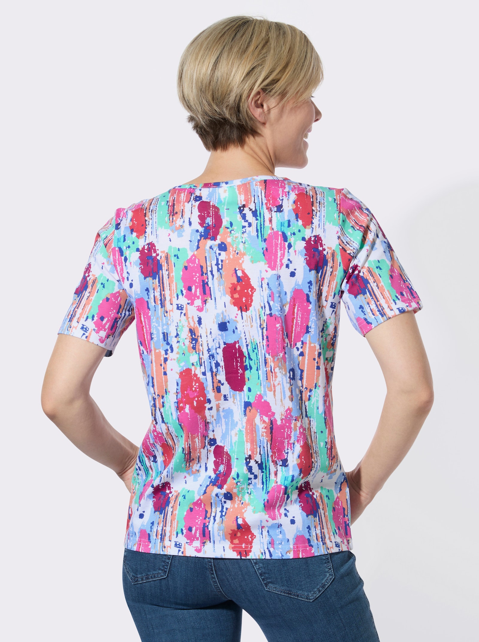 V-Shirt mit grafischem Muster - himmelblau-fuchsia-bedruckt