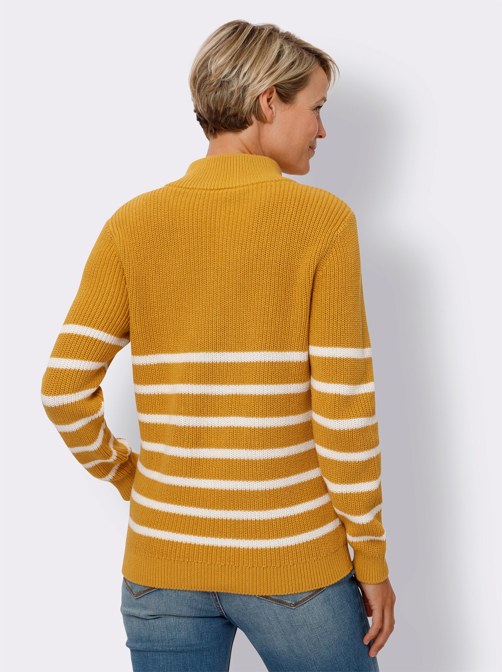 Svetr se stojáčkem, proužkovaný - okrová-ecru-proužek