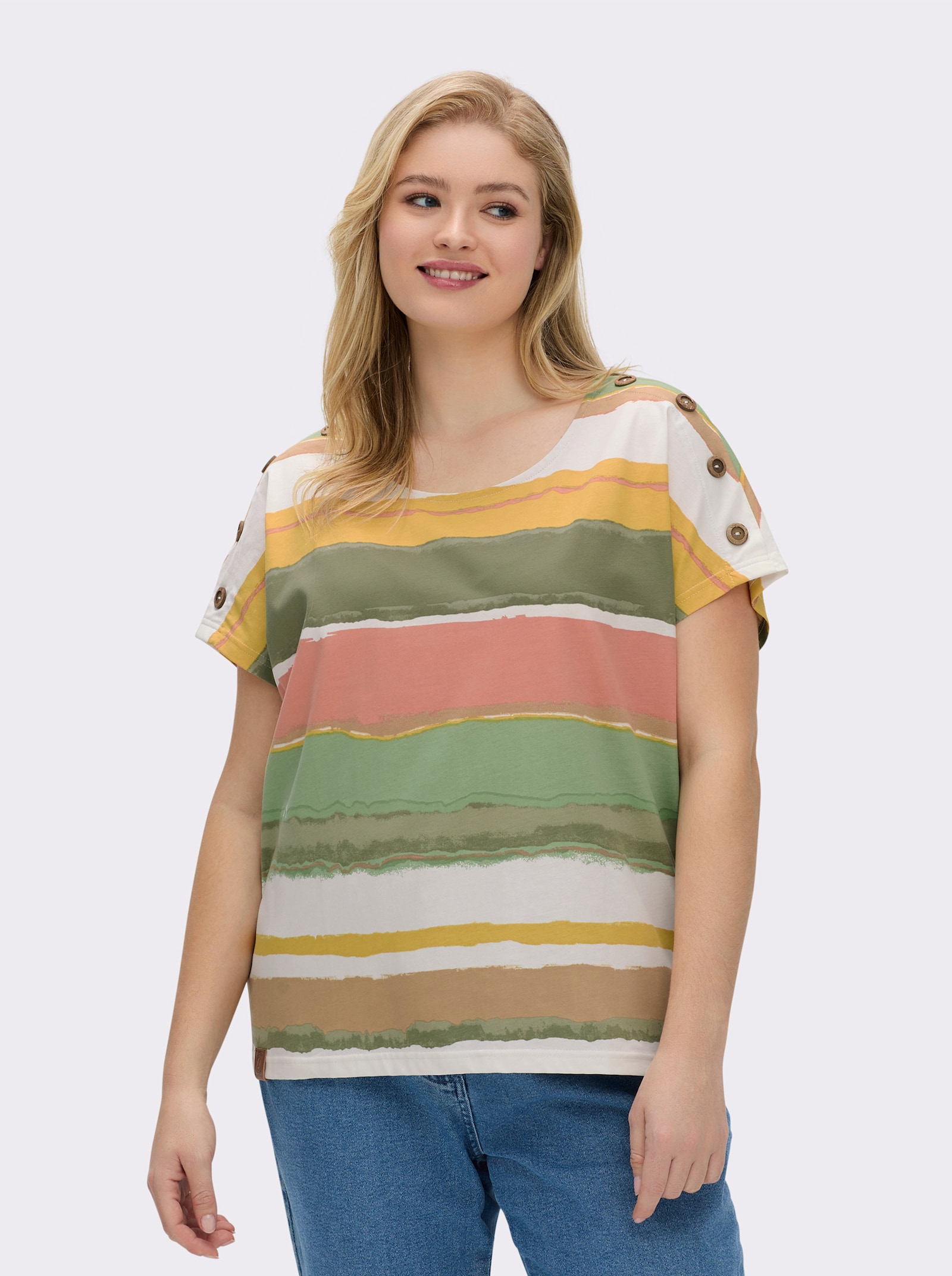 Kurzarmshirt mit Knöpfen in Holz-Optik - khaki-ecru-bedruckt