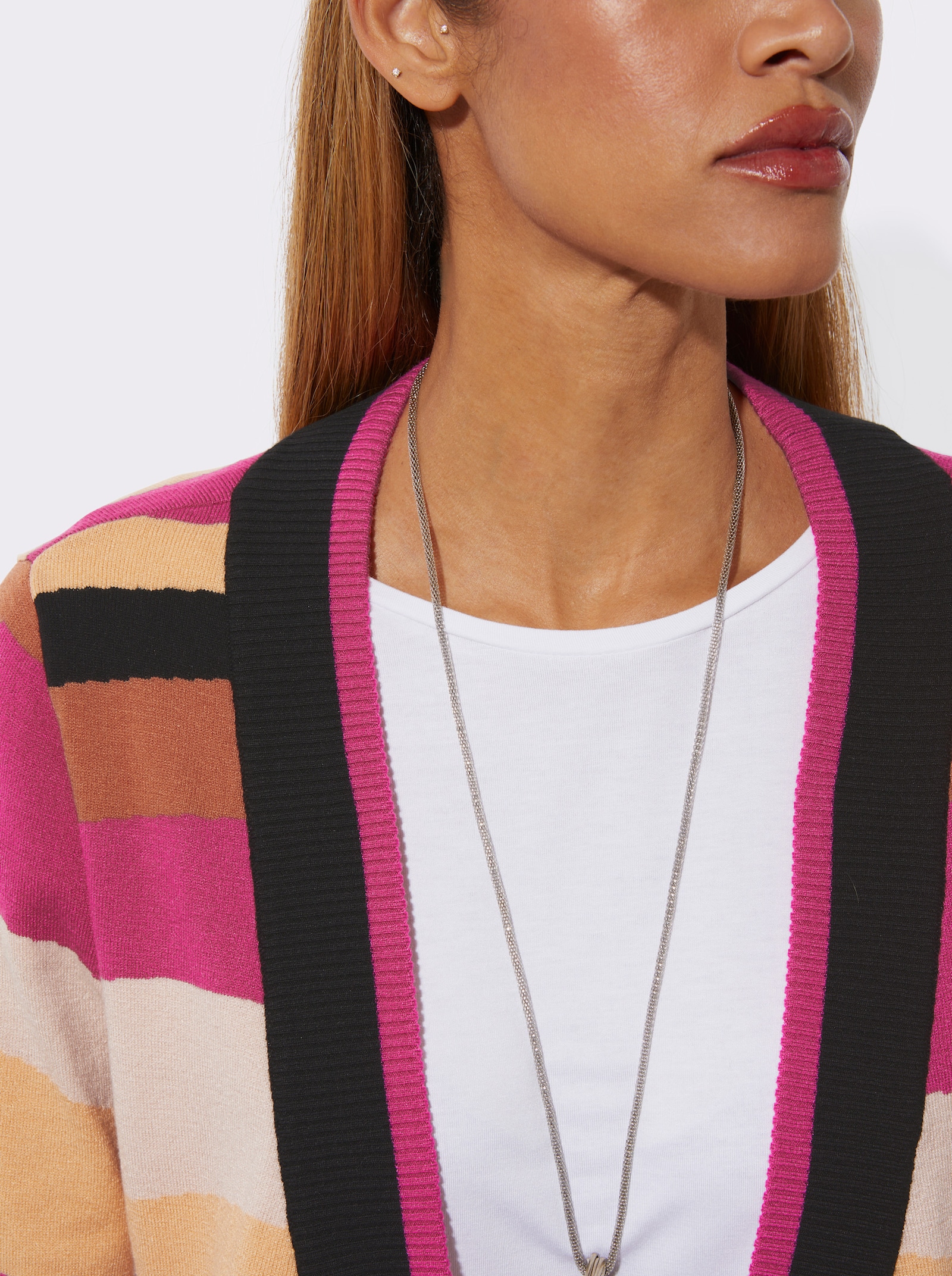 Veste en tricot fin avec bords-côtes - fuchsia-papaye à motifs