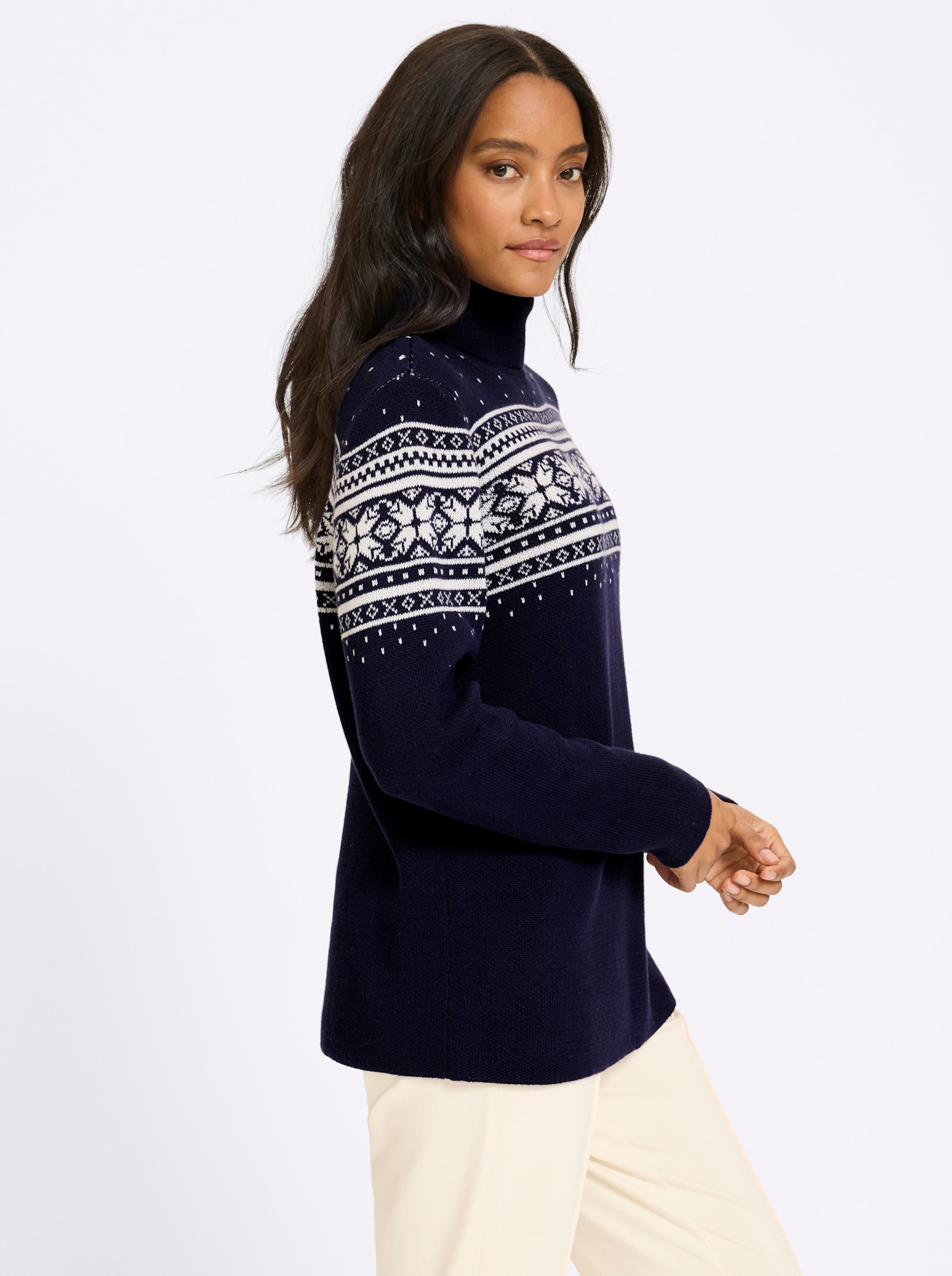 Heine Damen Weiß/Dunkelblau Strickpullover "Pullover", Gr. 50, Blau (Marine, Ecru, Gemustert), 100% Baumwolle, Gemustert, Mehrfarbig, Pullover Strickpullover - Bild 2