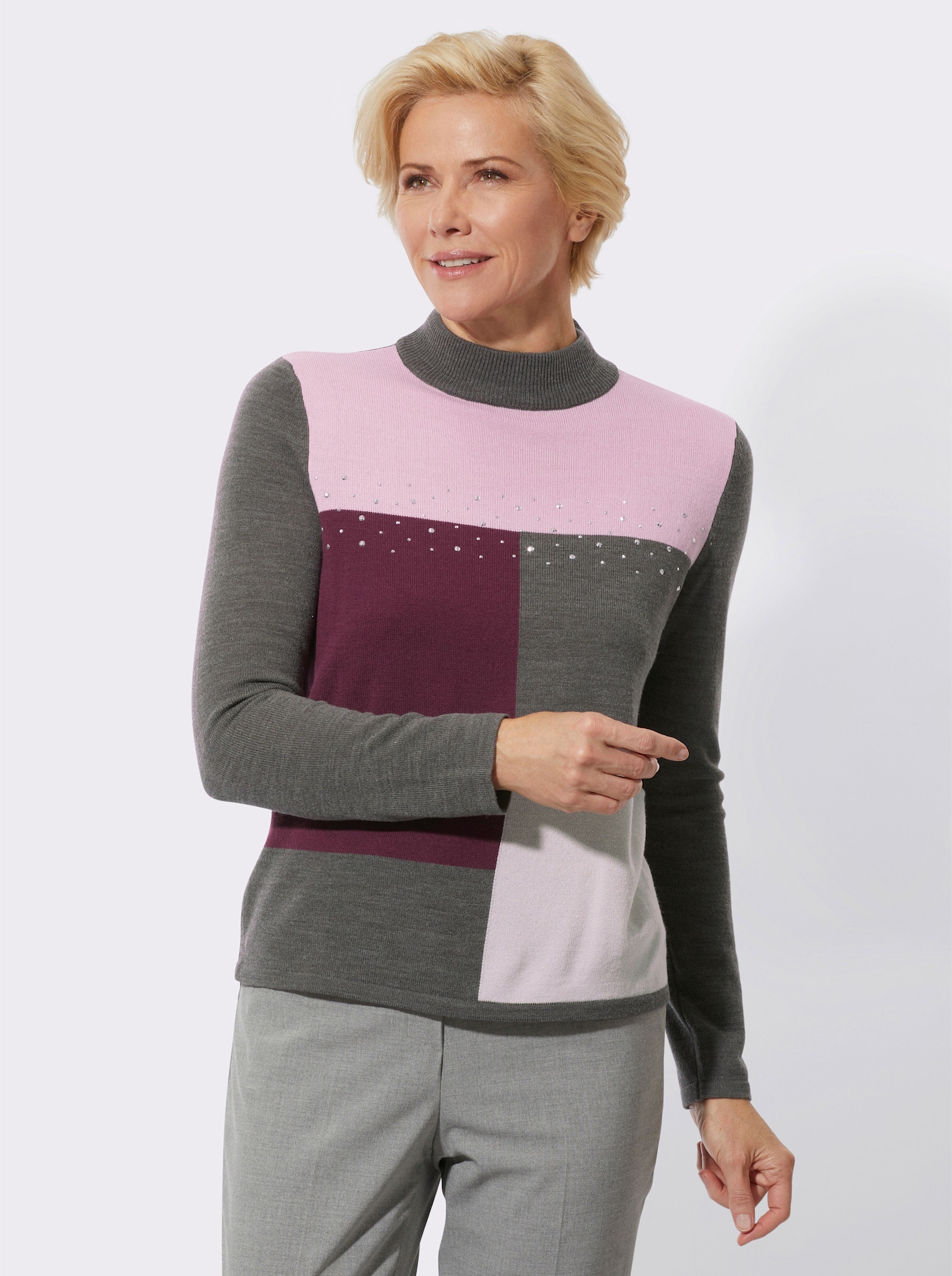 Stehkragenpullover mit Metallplättchen - graphit-burgund-gemustert