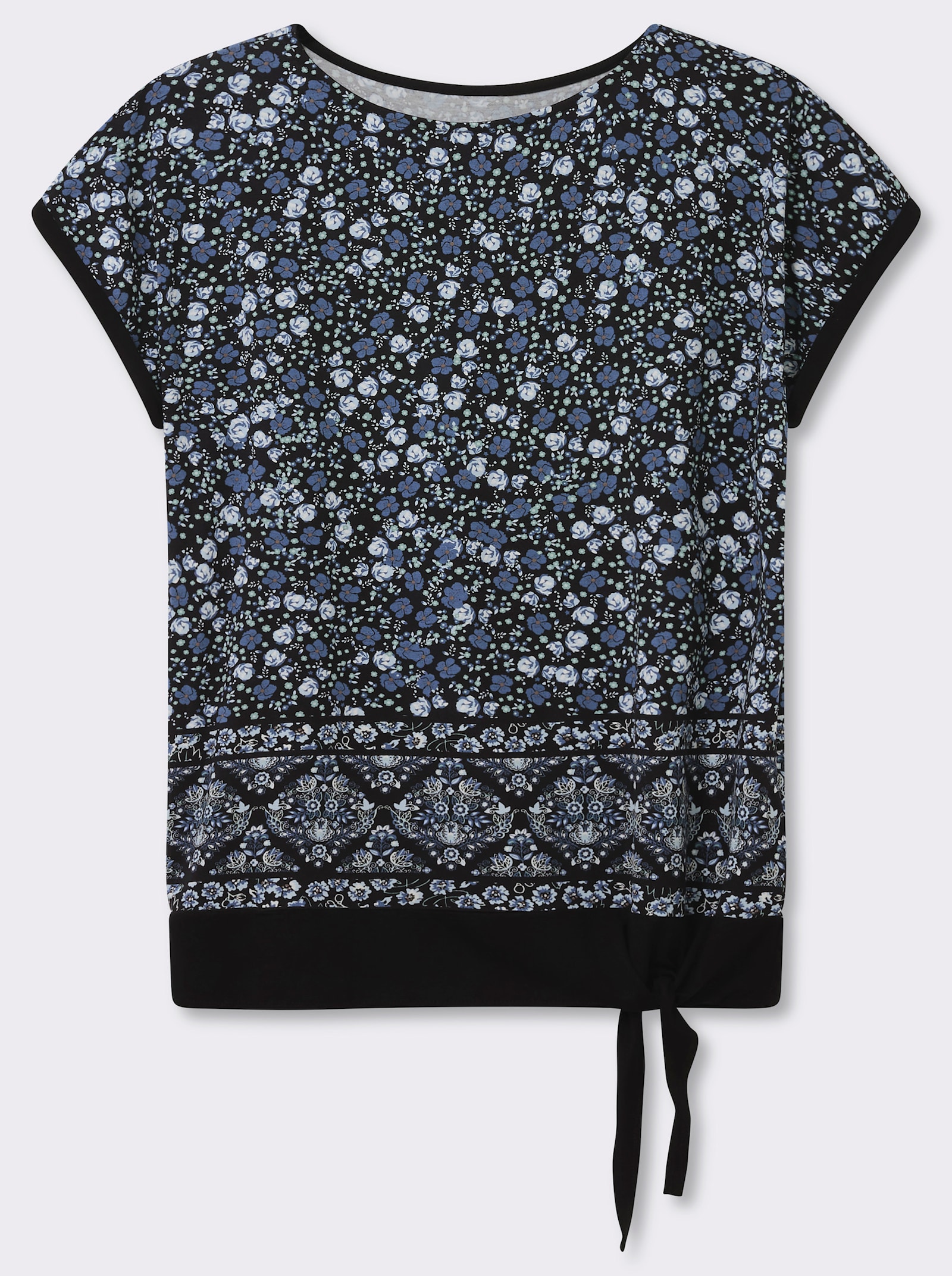 Kurzarmshirt mit Bindeband am Saum - jeansblau-schwarz-bedruckt