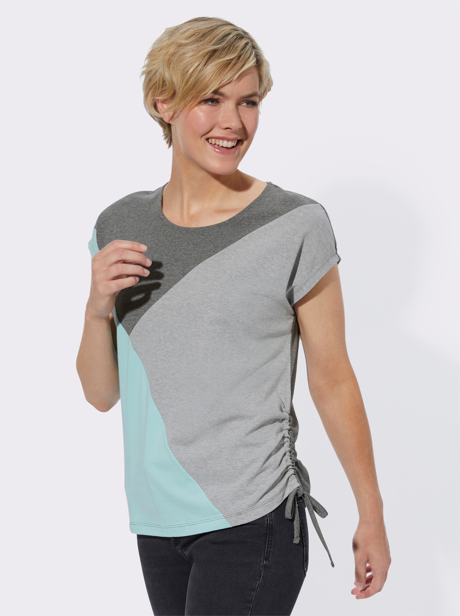 Rundhalsshirt mit Colour-Blocking - anthrazit-mint
