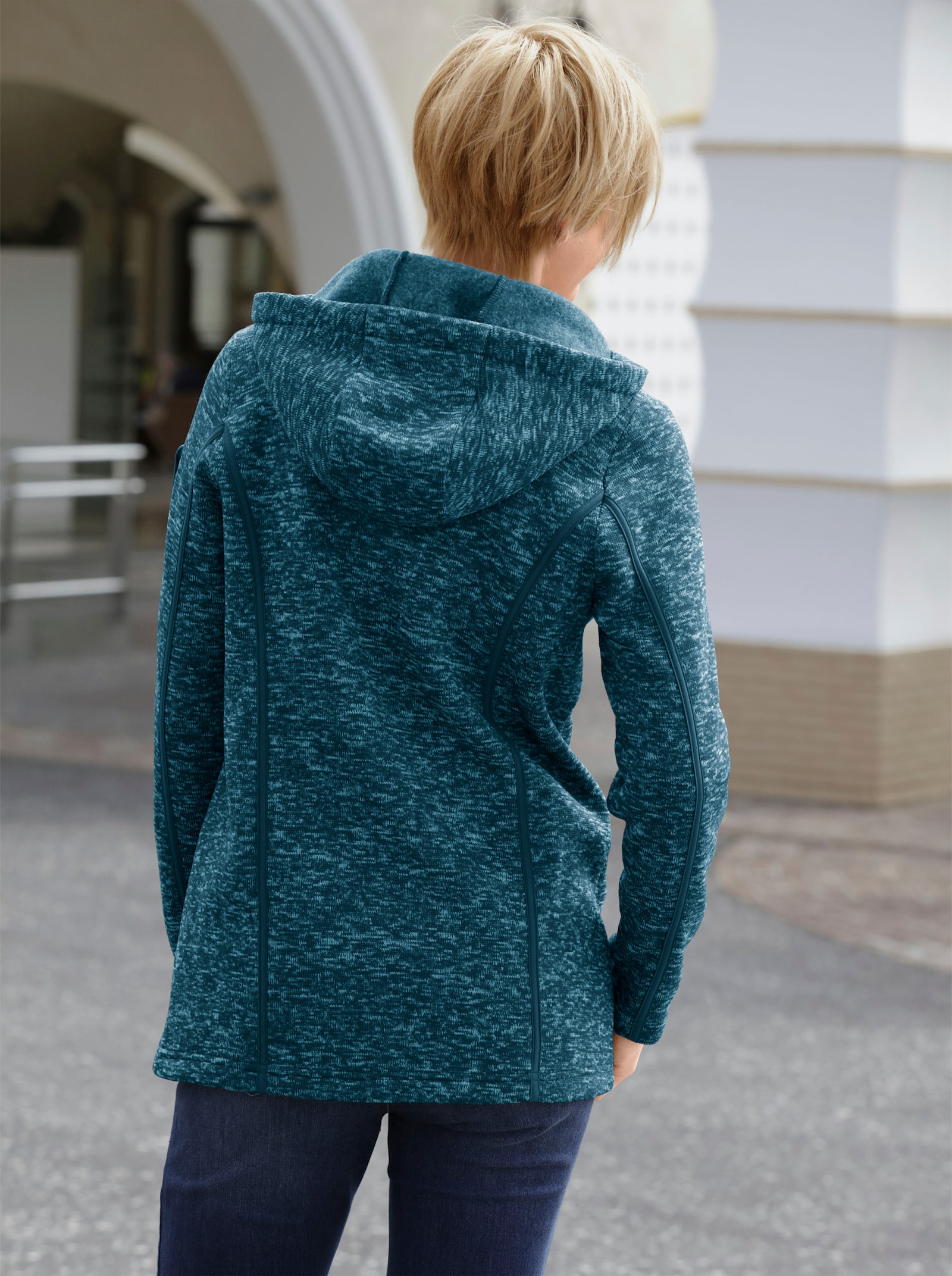 Kapuzenfleecejacke mit Umlegekragen - petrol-meliert