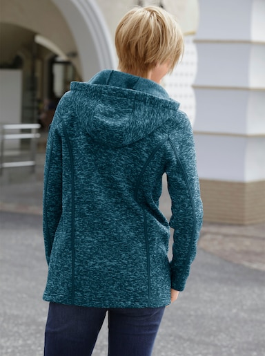 Kapuzenfleecejacke mit Umlegekragen - petrol-meliert