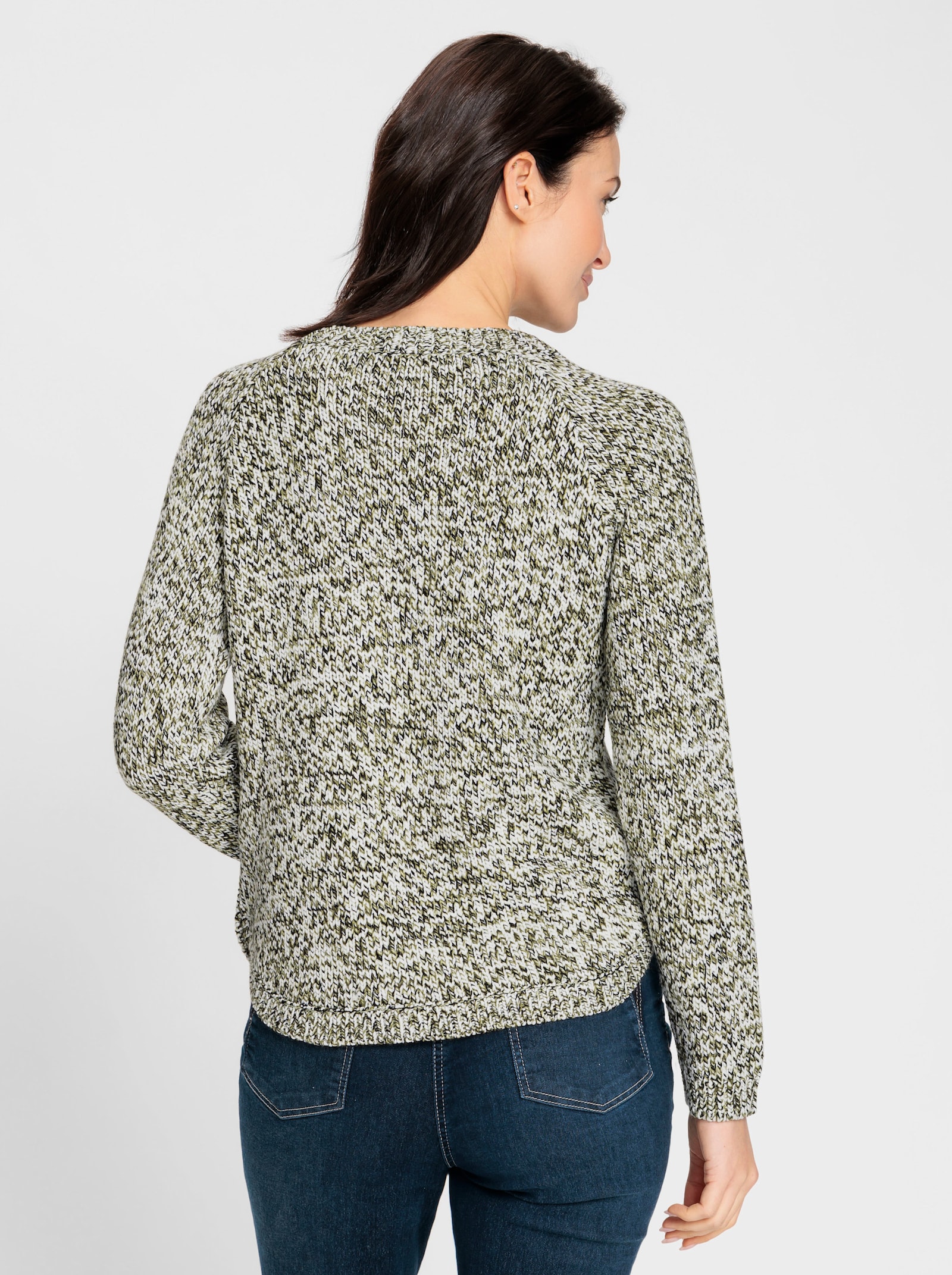 Rundhalspullover mit Knopfleiste an den Seitenschlitzen - oliv-meliert