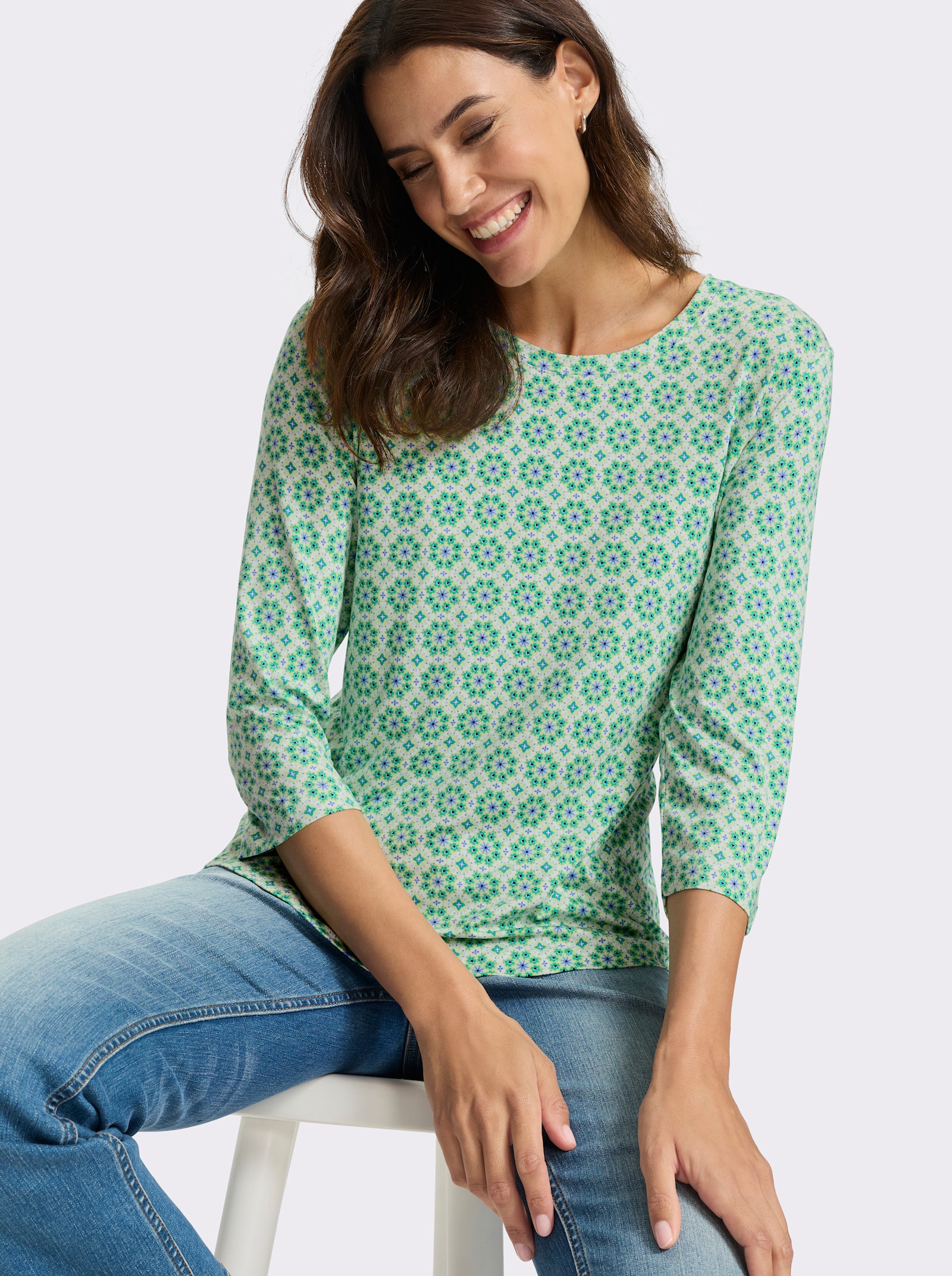 3/4-Arm-Shirt mit Druck allover - weiß-pistazie-bedruckt