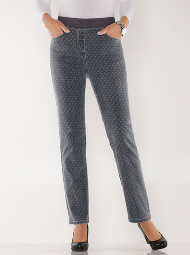 Schlupfjeans mit geripptem Strick-Dehnbund - grey-denim-bedruckt