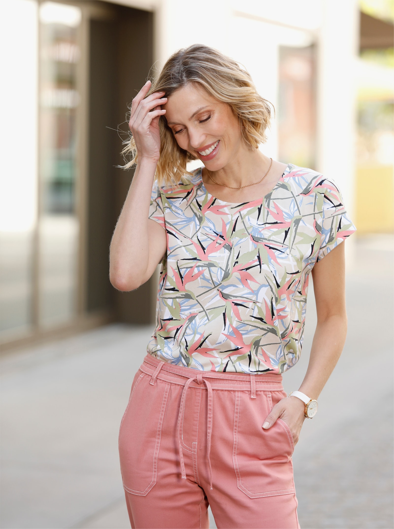 Print-Shirt im Baumwoll-Modal-Mix - sand-khaki-bedruckt