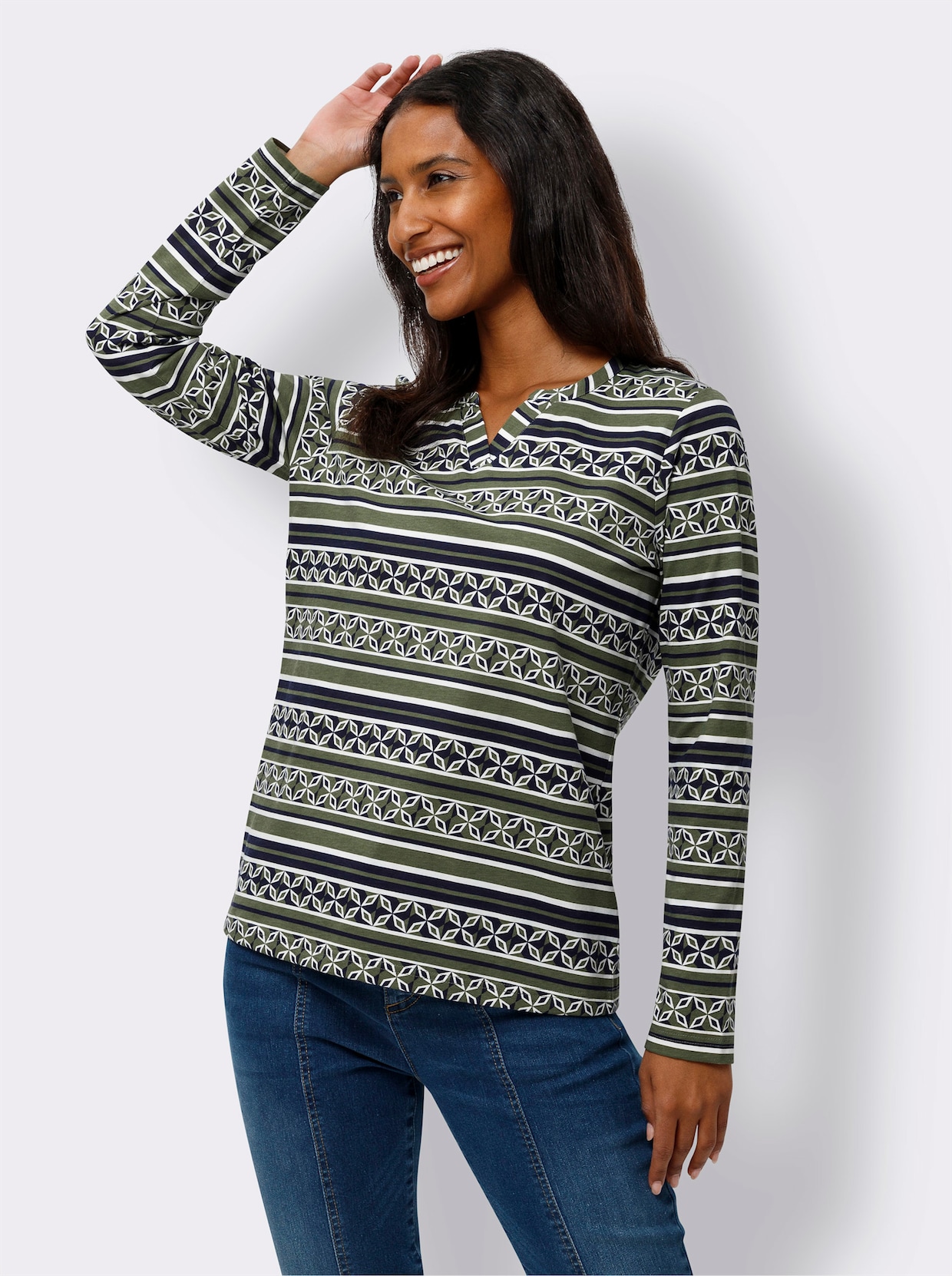 heine Shirt met lange mouwen - kaki/marine bedrukt