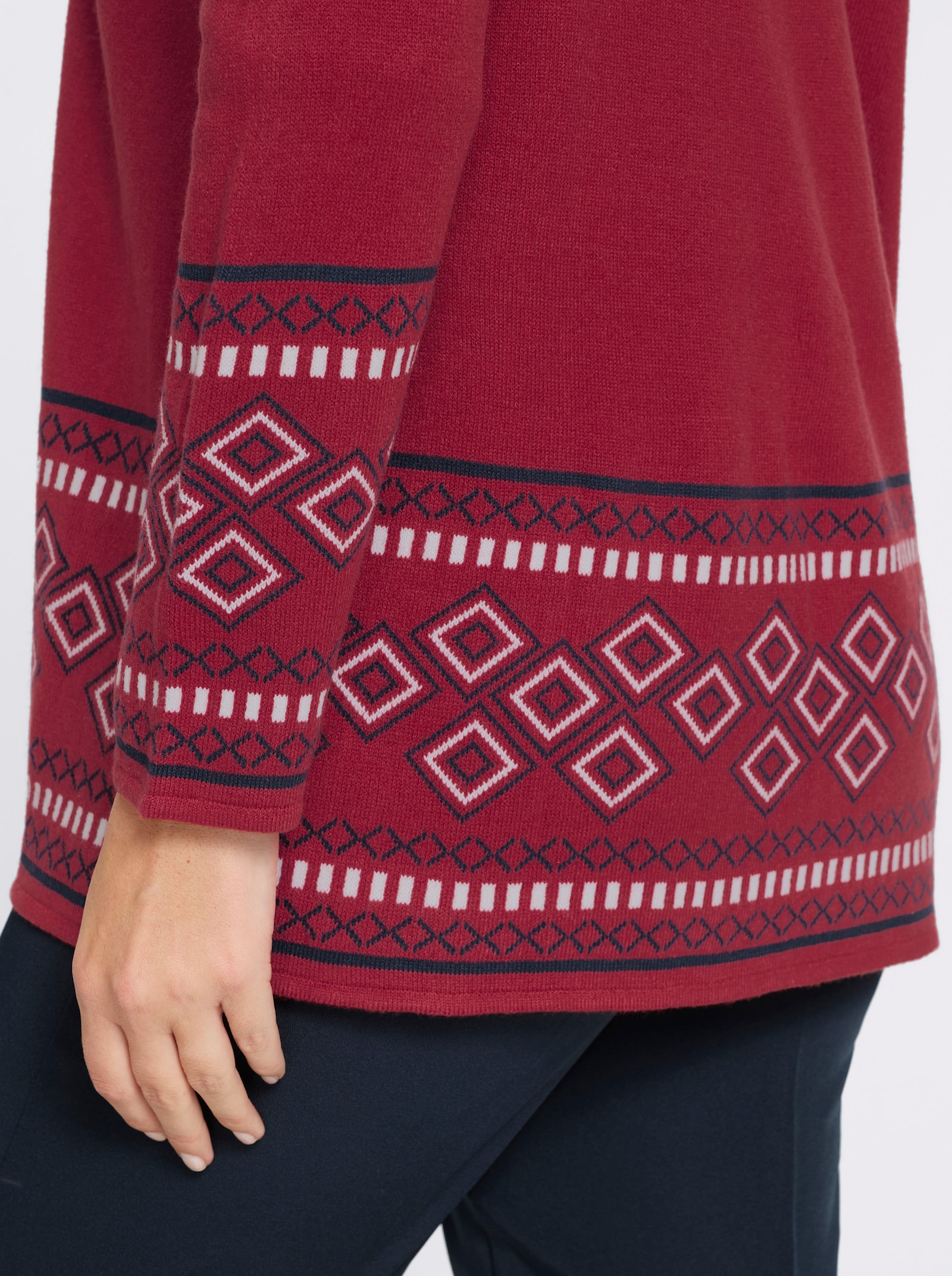 Longstrickjacke mit Bordüren-Muster - kirsche-marine