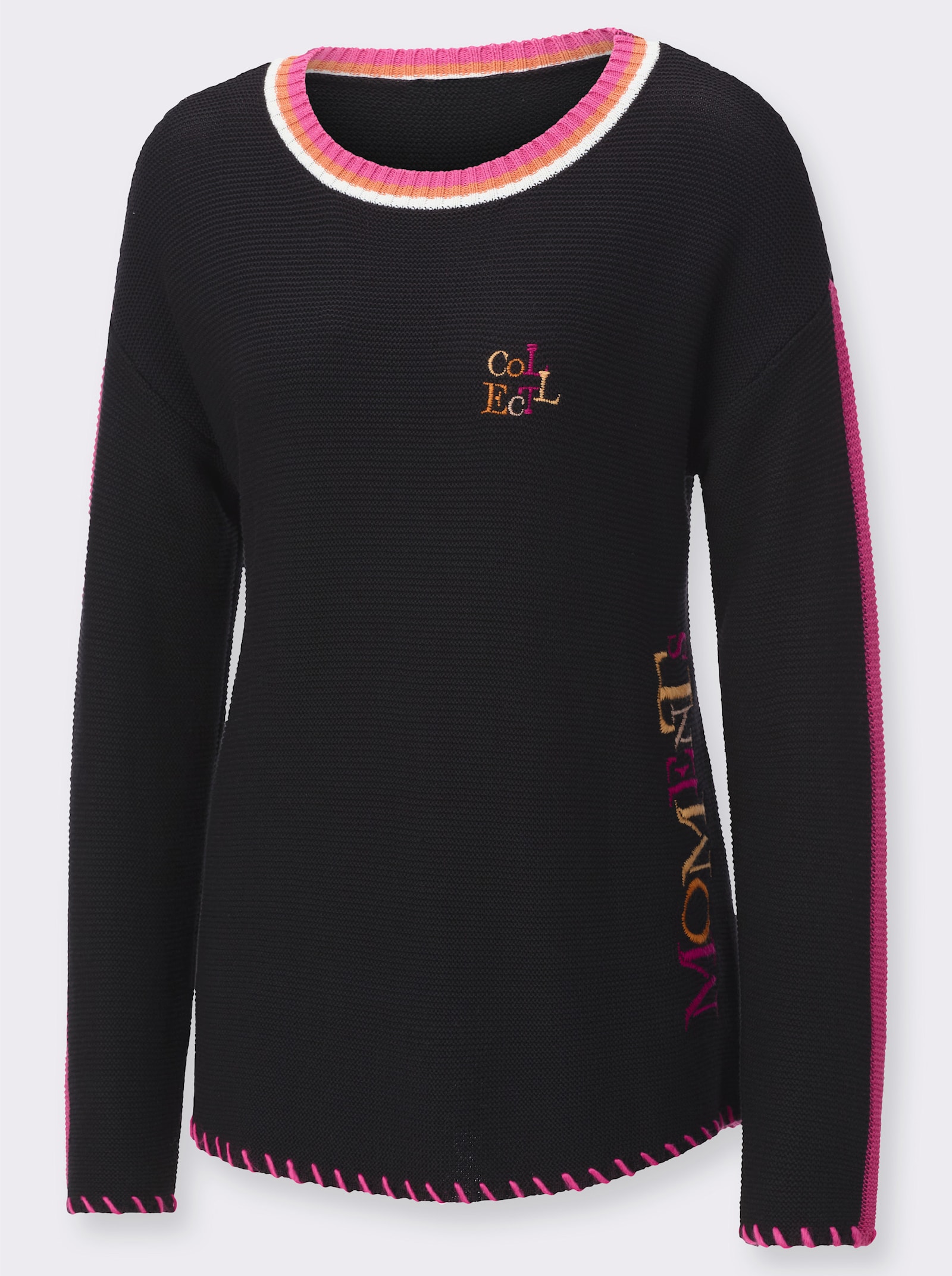 Rundhalspullover im Baumwoll-Modal-Mix - schwarz-fuchsia