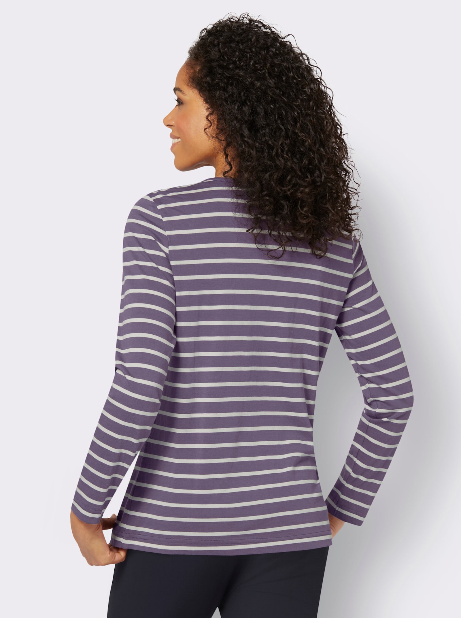 Proužkované tričko se záplatami z imitace kůže - fíková-ecru-proužek