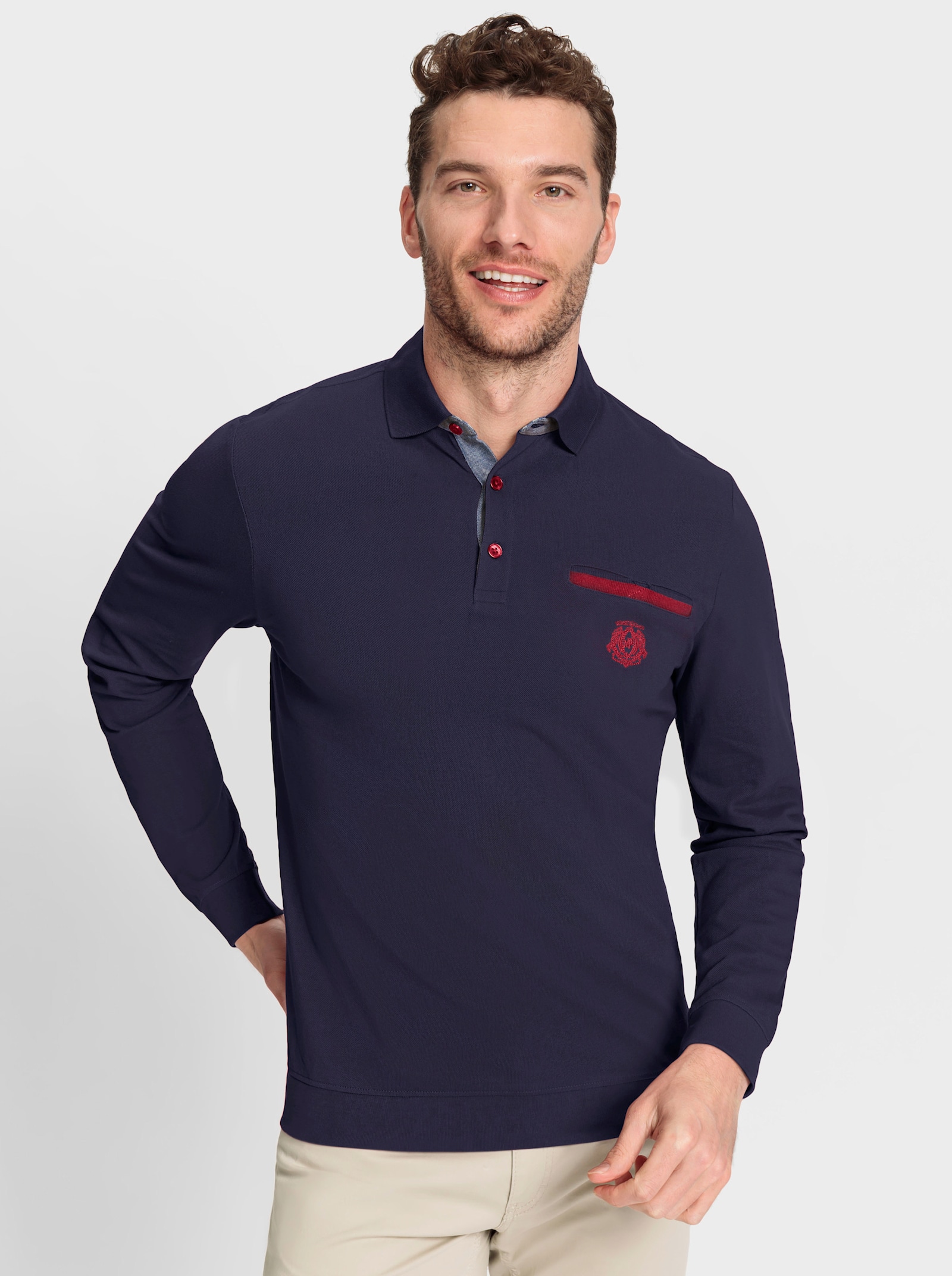 Marco Donati Langarm-Poloshirt in Pikee-Qualität - marine-dunkelrot