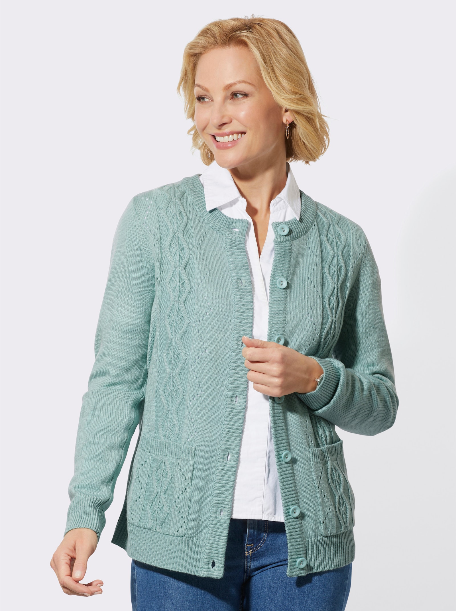 Strickjacke mit Ajourmuster - kalkmint