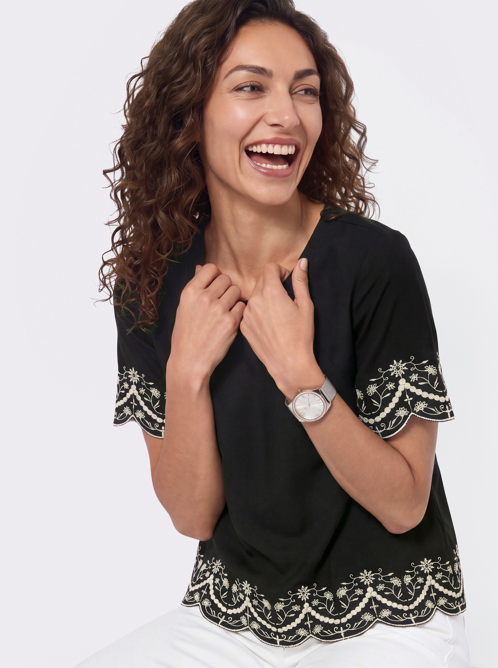Kurzarm-Bluse mit floraler Stickerei - schwarz-champagner-gemustert