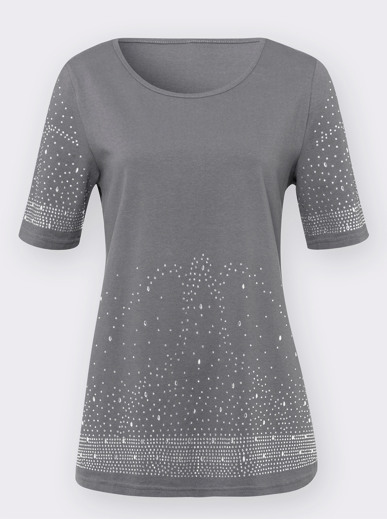 Kurzarmshirt mit Steinchen verziert - steingrau