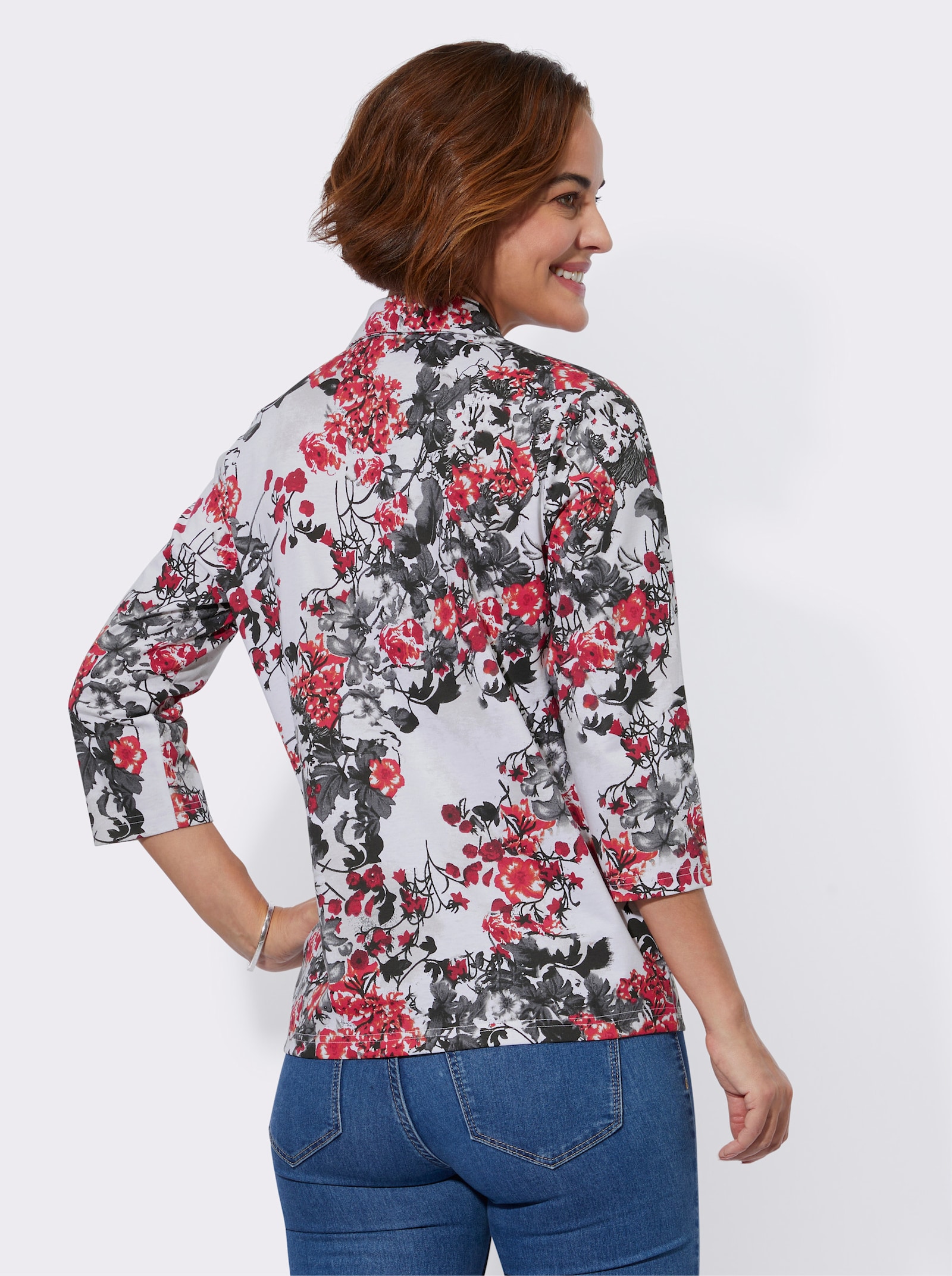 Poloshirt mit Glitzersteinchen - rot-grau-bedruckt