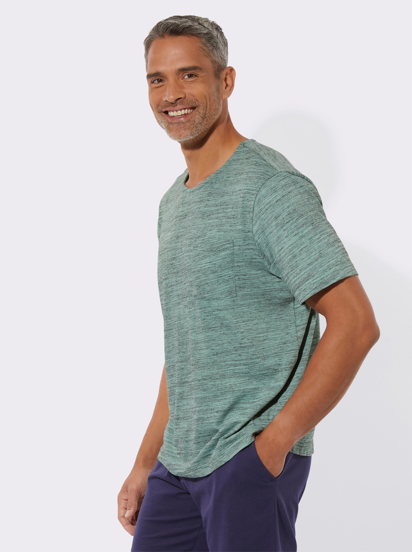 Schlafanzugshirt mit Brusttasche - salbei-meliert