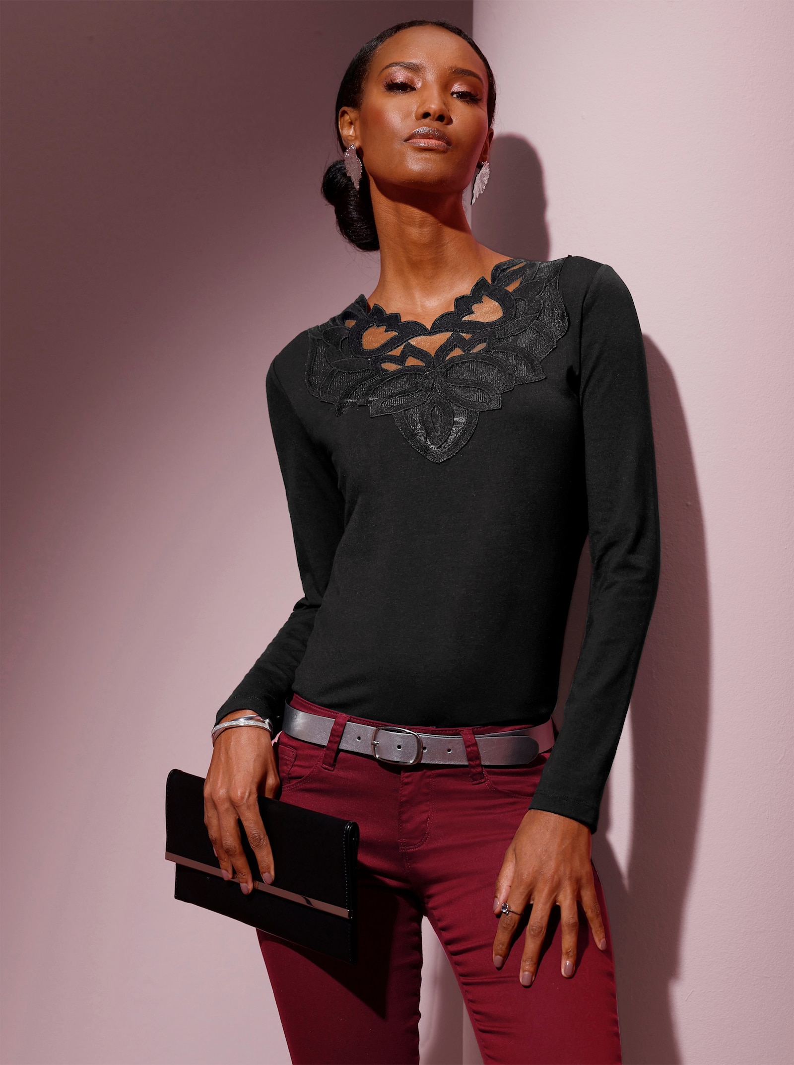 Langarmshirt im feinen Baumwoll-Modal-Mix - schwarz