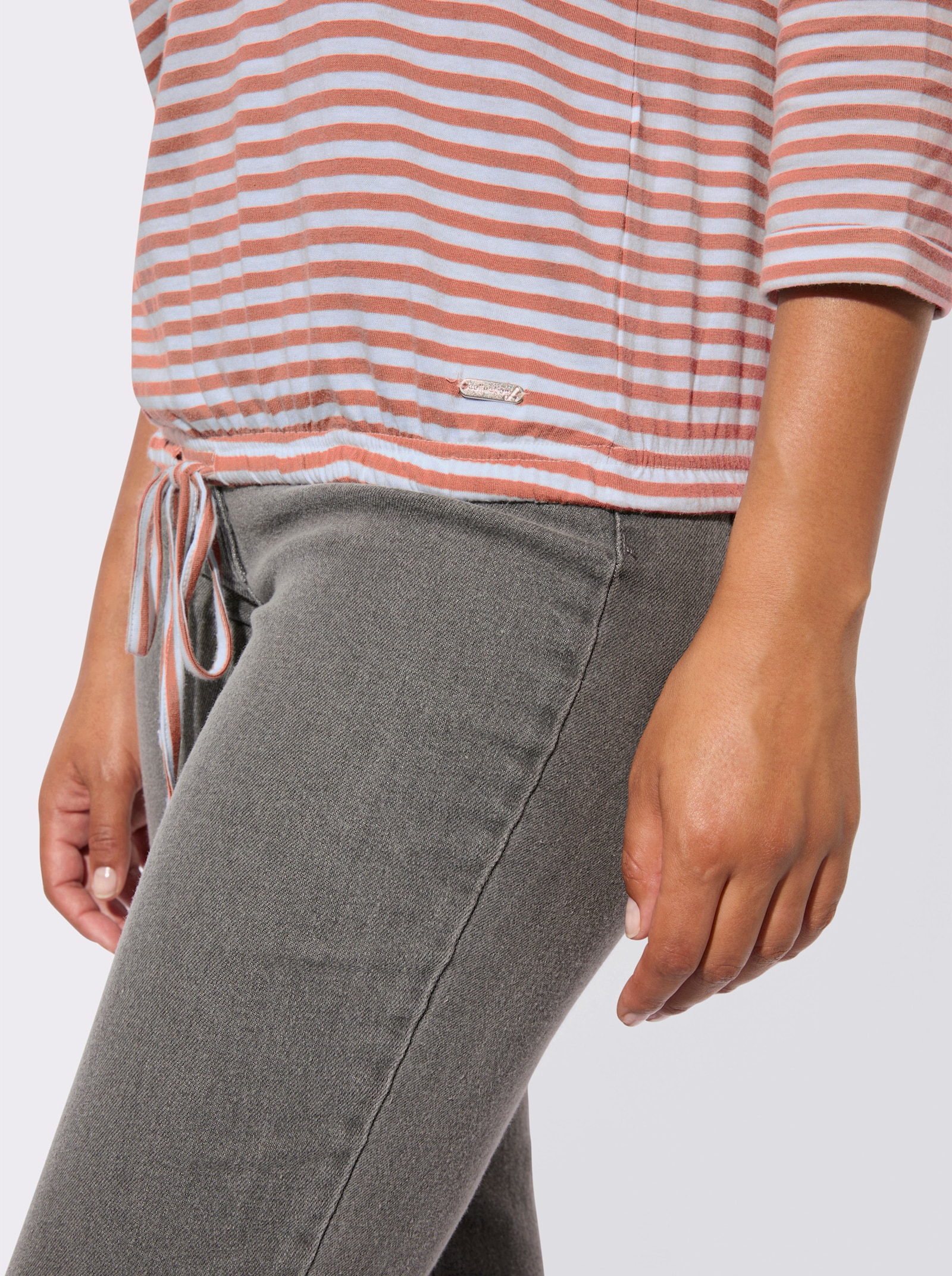 3/4-Arm-Shirt mit Kordel im Saum - papaya-weiß-geringelt