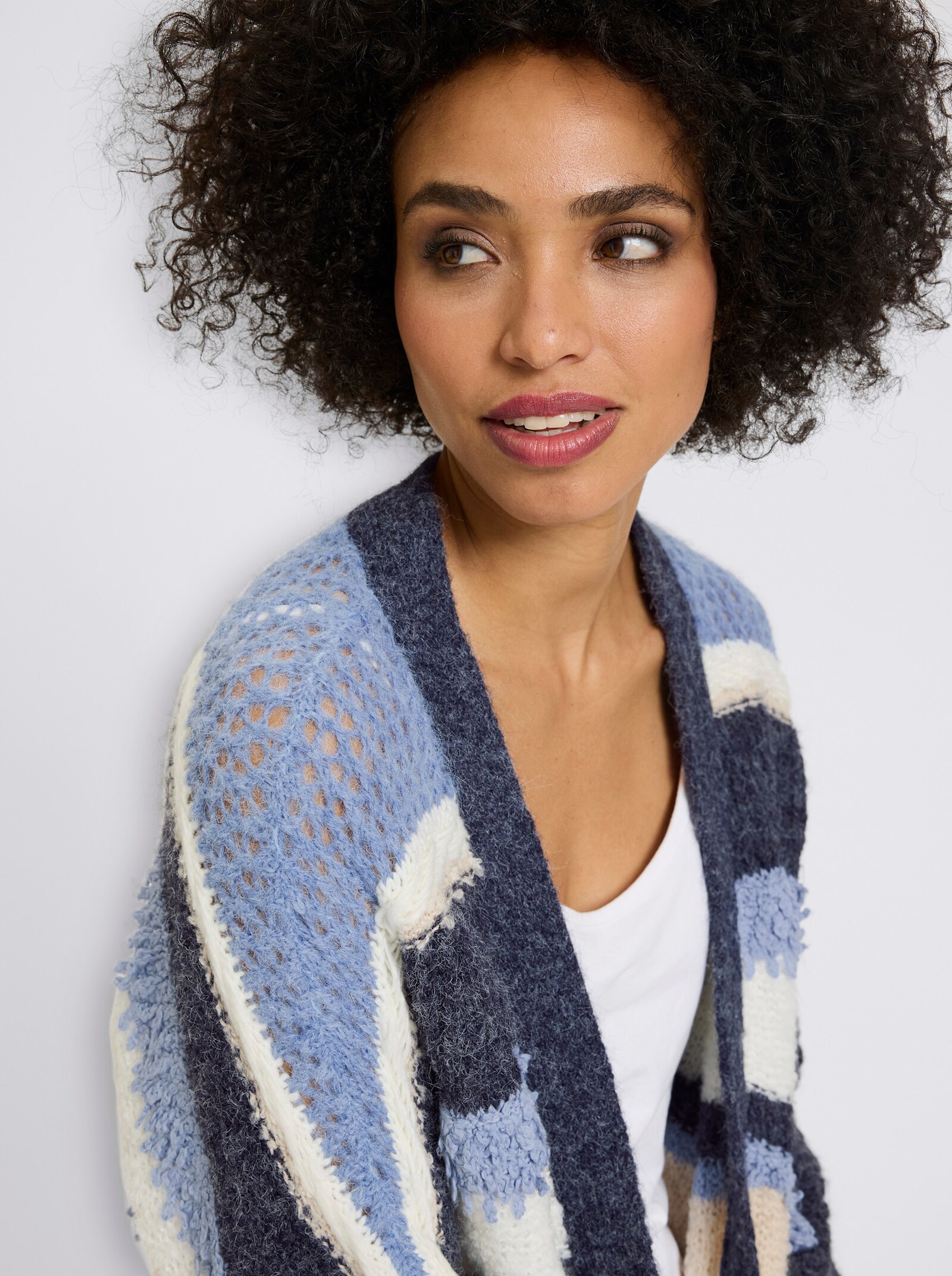 heine Cardigan van ajourtricot - marine/ecru gestreept