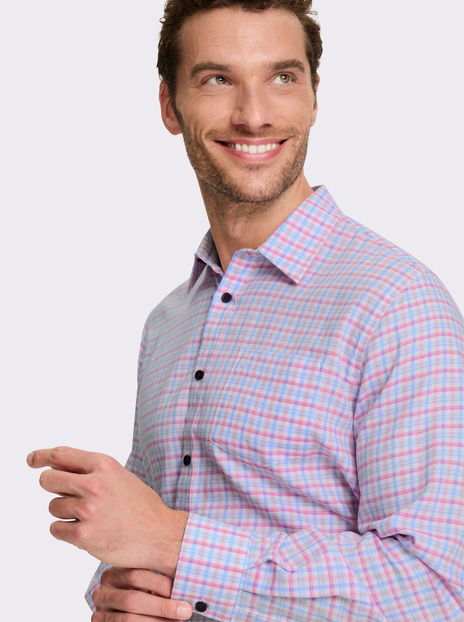 Marco Donati Langarmhemd in bügelfreier Popeline-Qualität - himmelblau-fuchsia-kariert