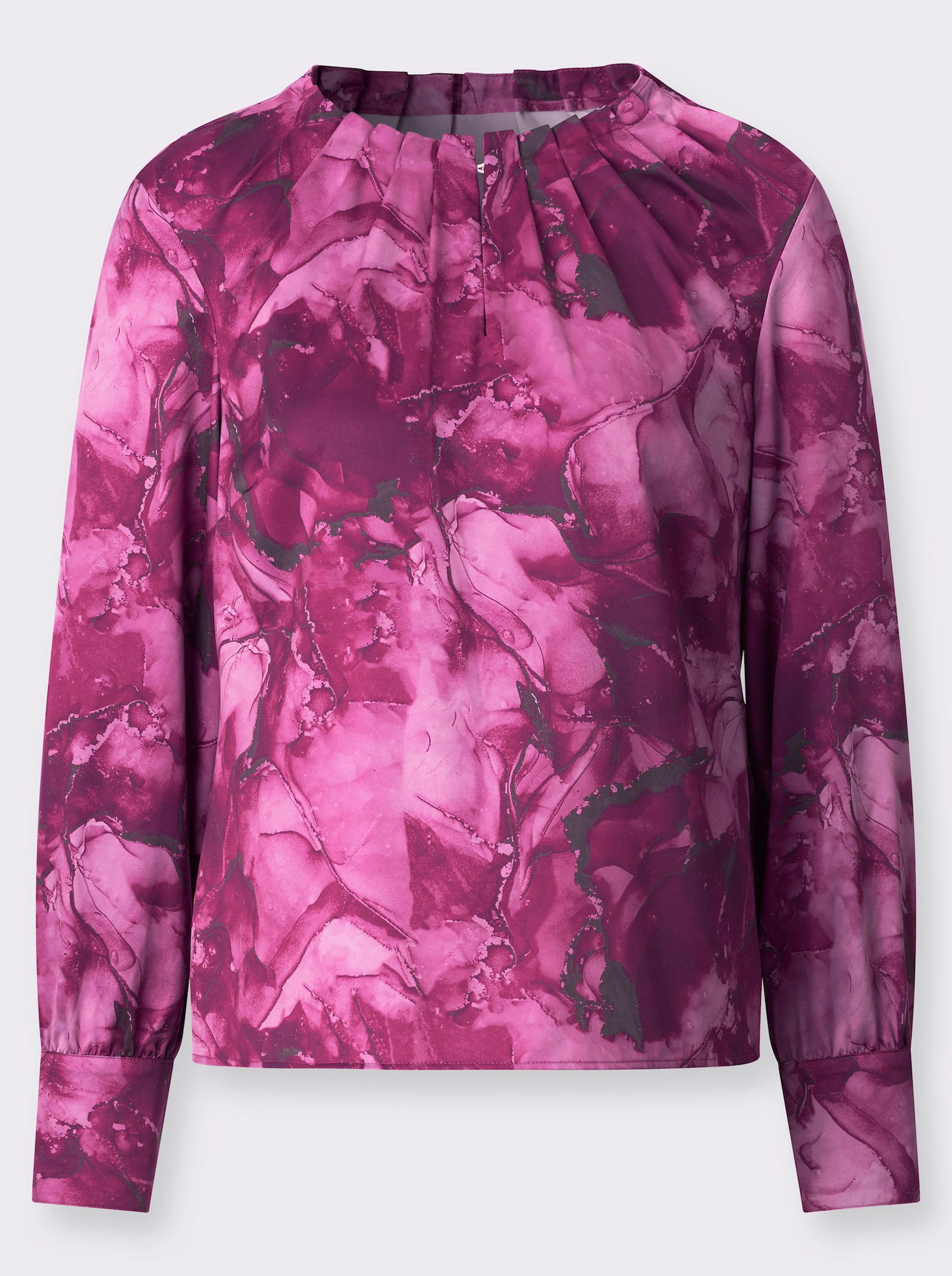 Satinbluse mit Falten am Ausschnitt - malve-dunkelrot-bedruckt