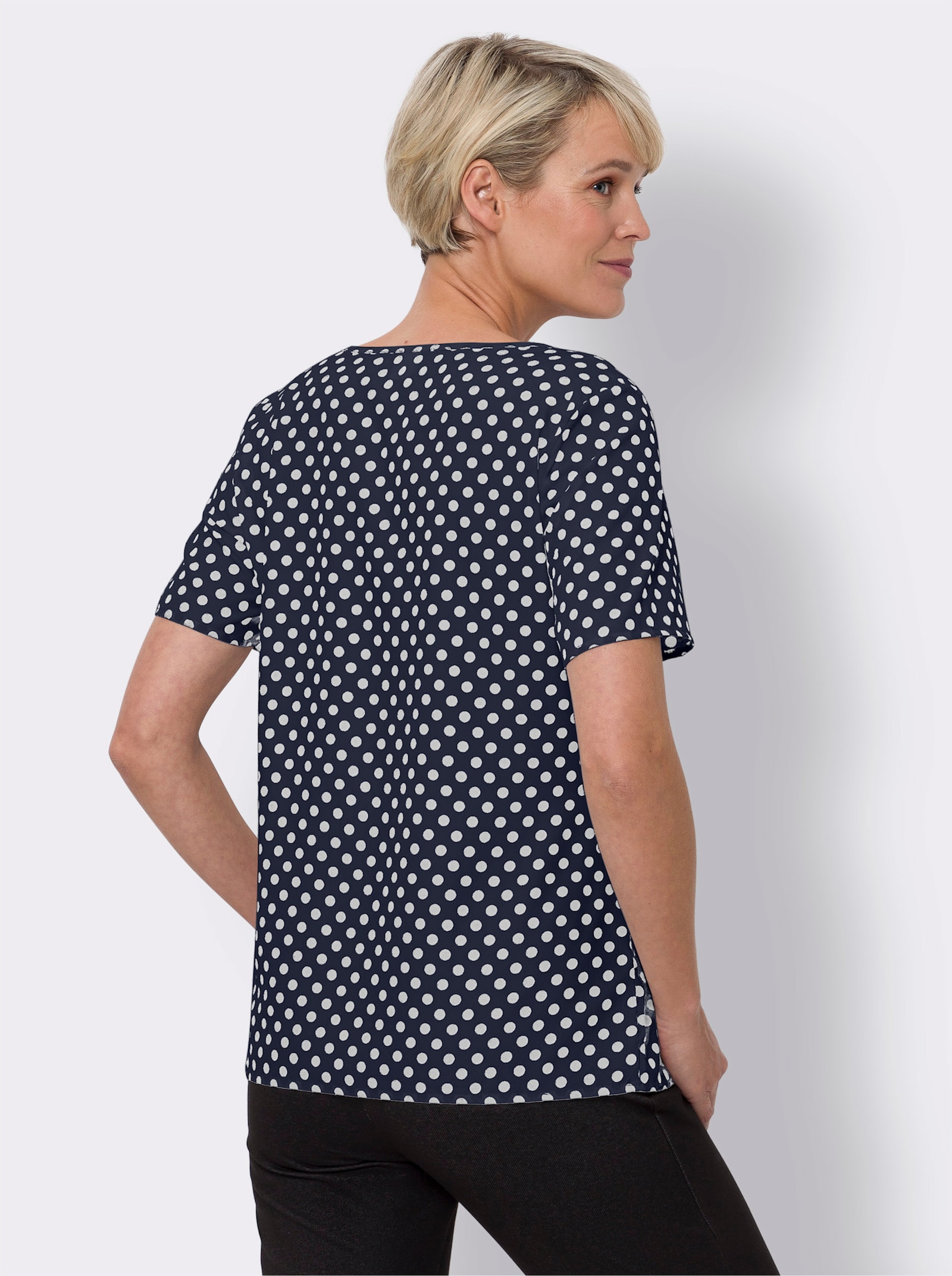 Schlupfbluse mit Raffung, gepunktet - marine-weiß-getupft
