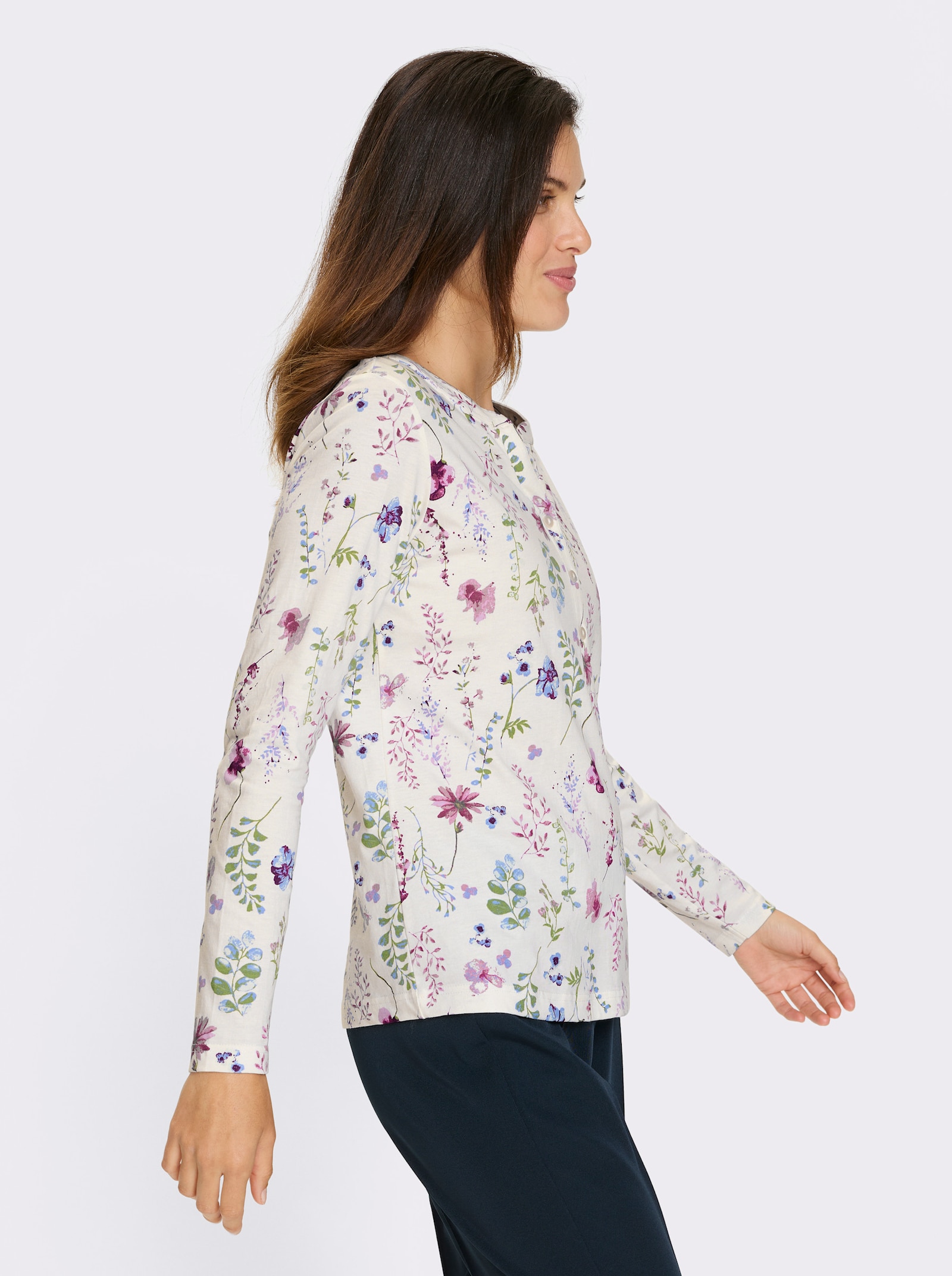 Shirt met lange mouwen en bloemenprint - ecru/heide geprint