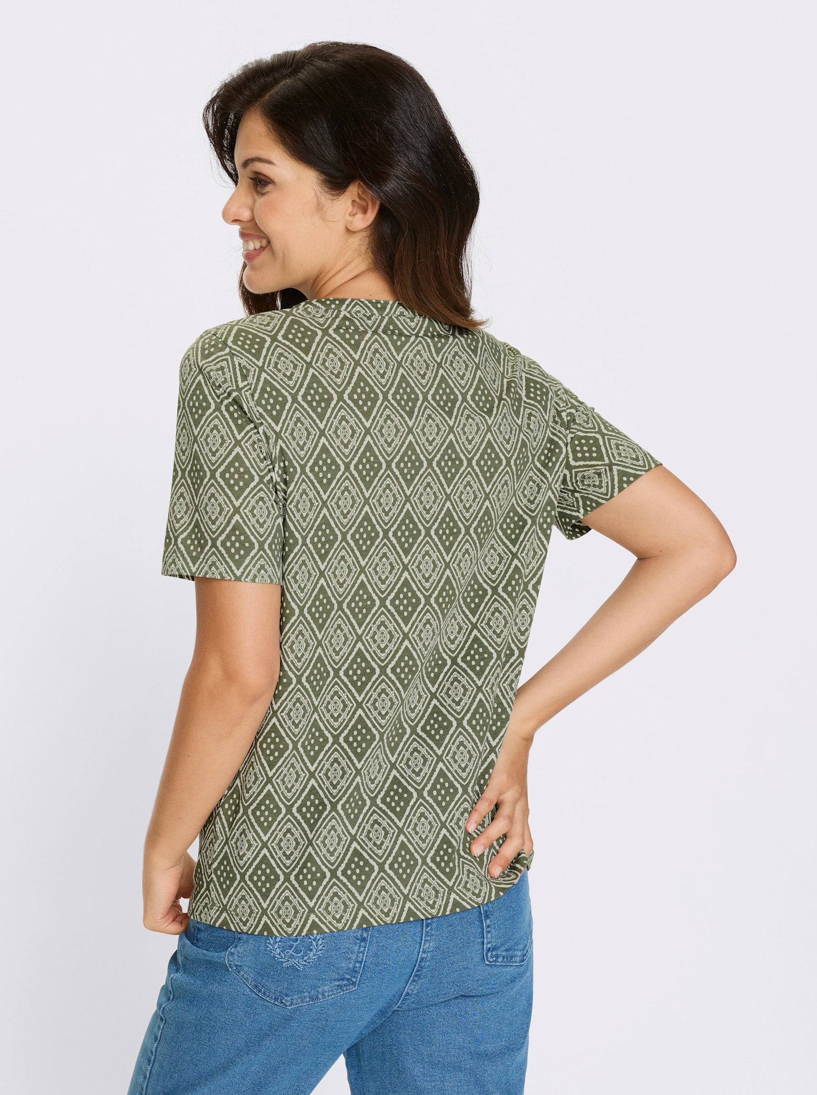 Kurzarmshirt mit Ethno-Druck - khaki-ecru-bedruckt