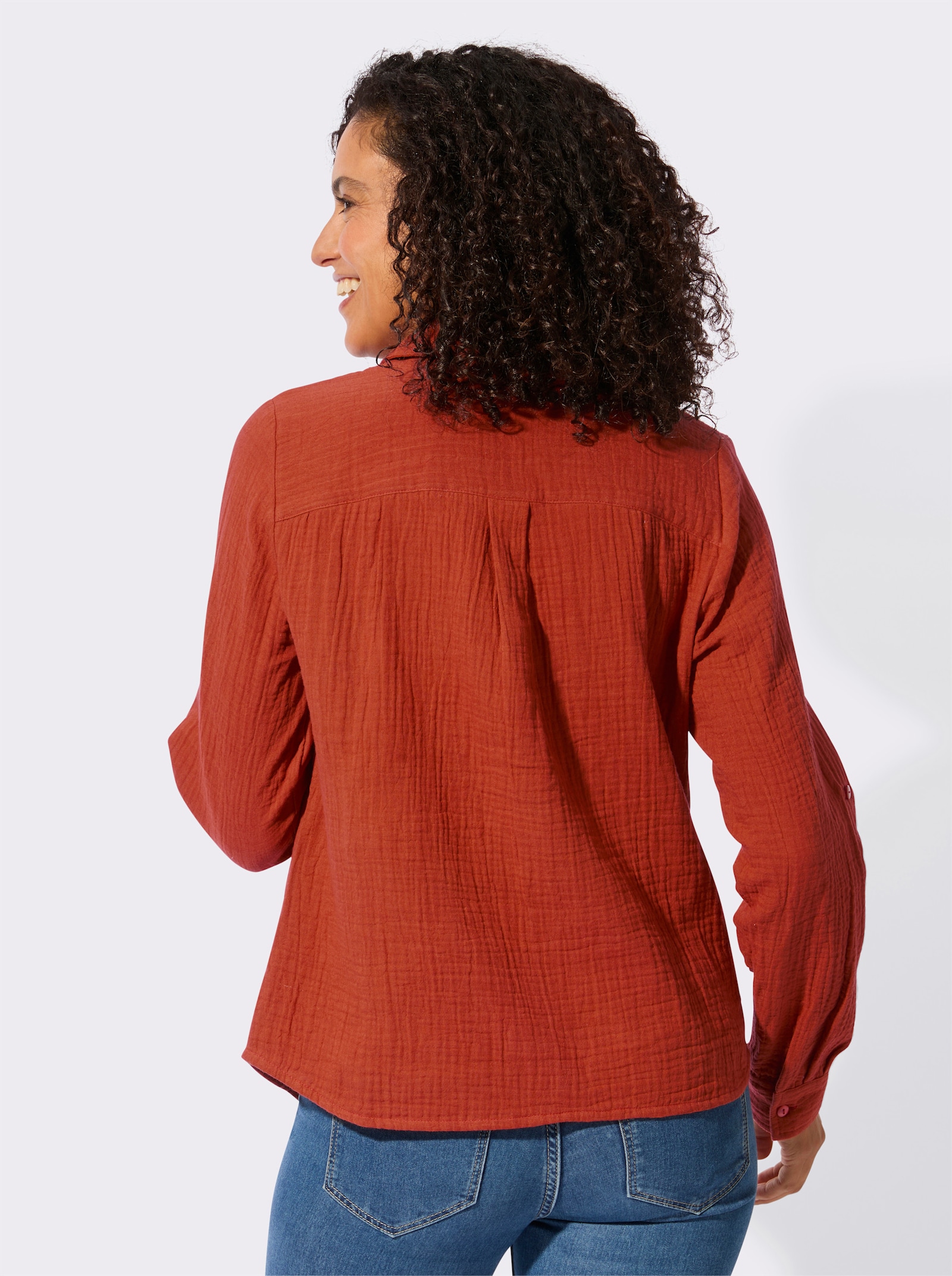 Baumwollbluse mit krempelbaren Ärmeln - rostrot