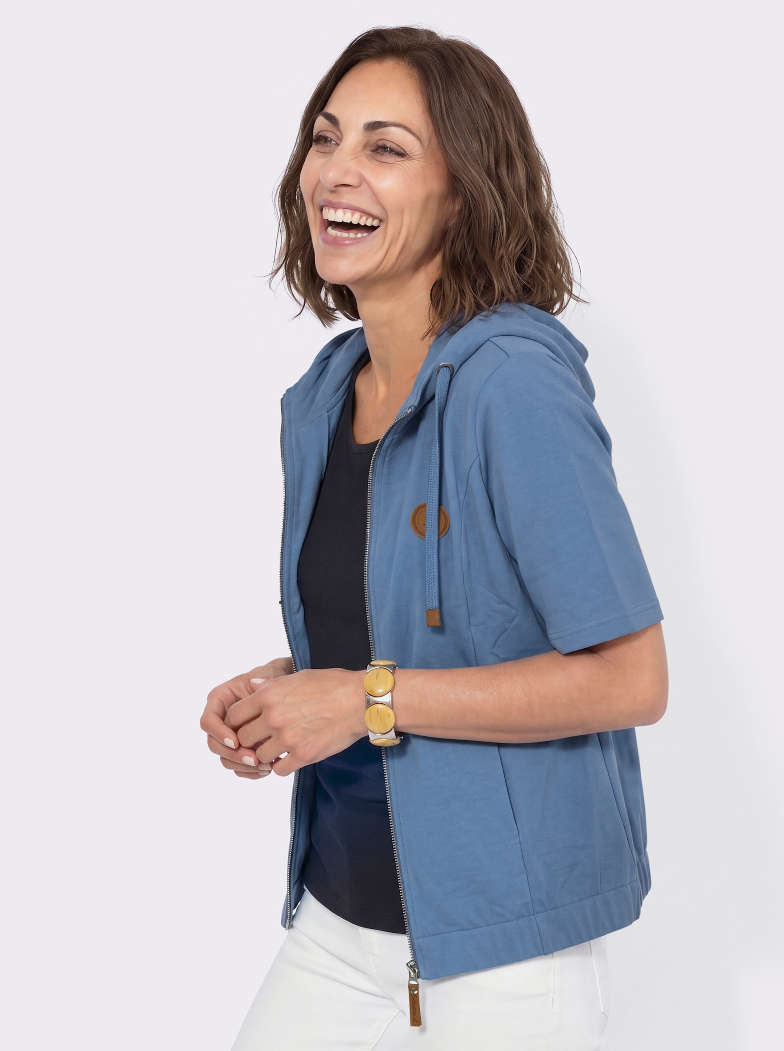 Shirtjacke mit Kapuze und Halbärmeln - mittelblau
