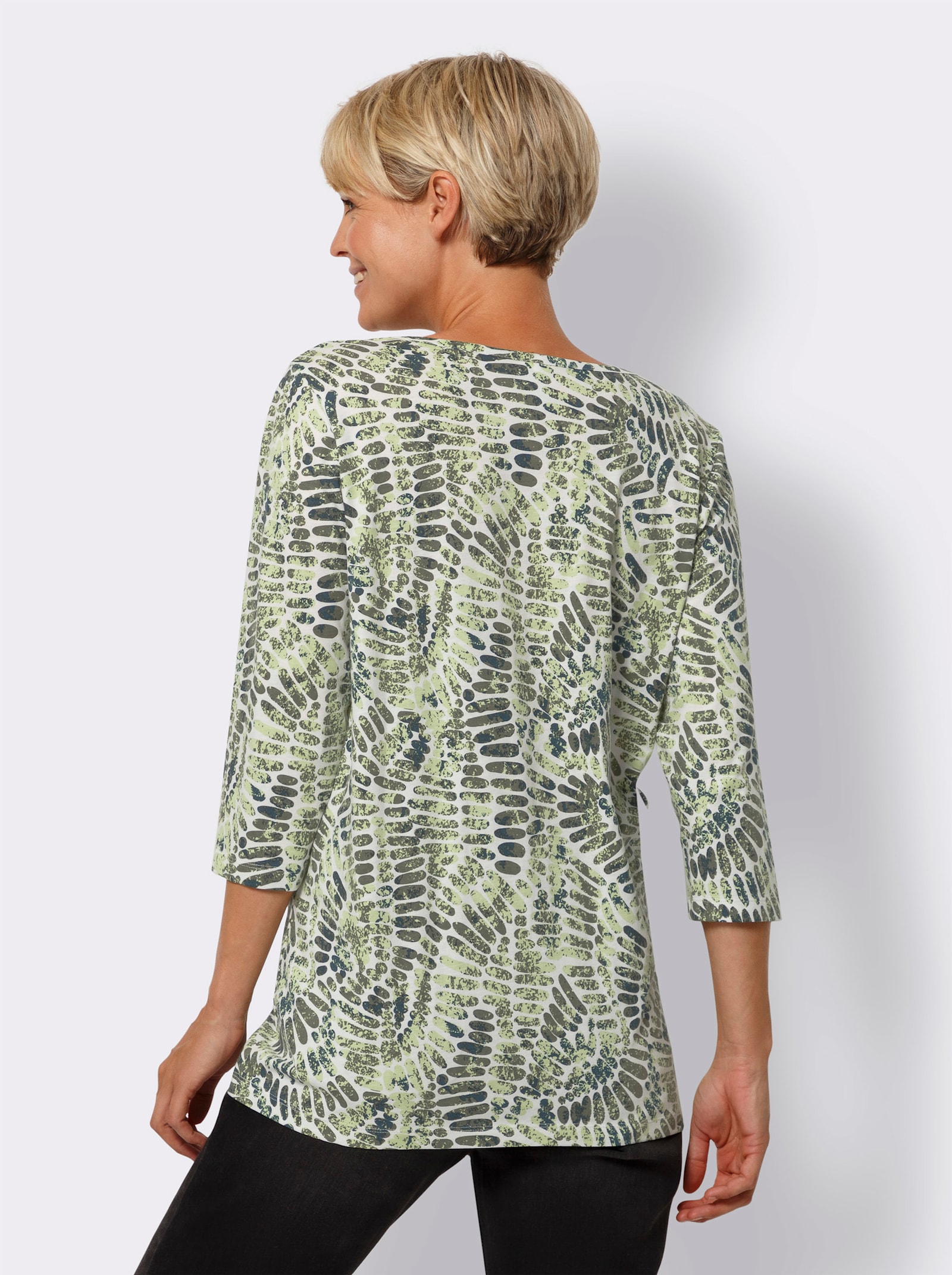 Longshirt mit Kellerfalte vorne - ecru-pistazie-bedruckt