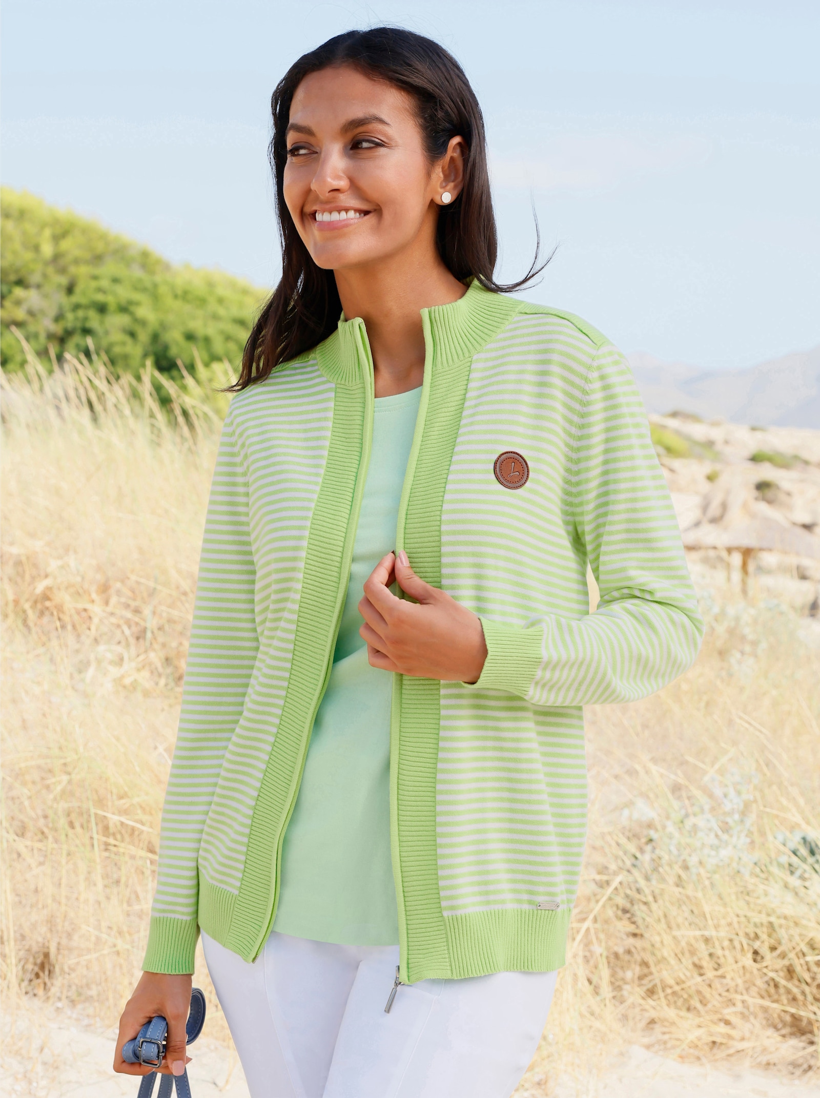 Strickjacke mit gerippten Einsätzen - reseda-weiß-geringelt