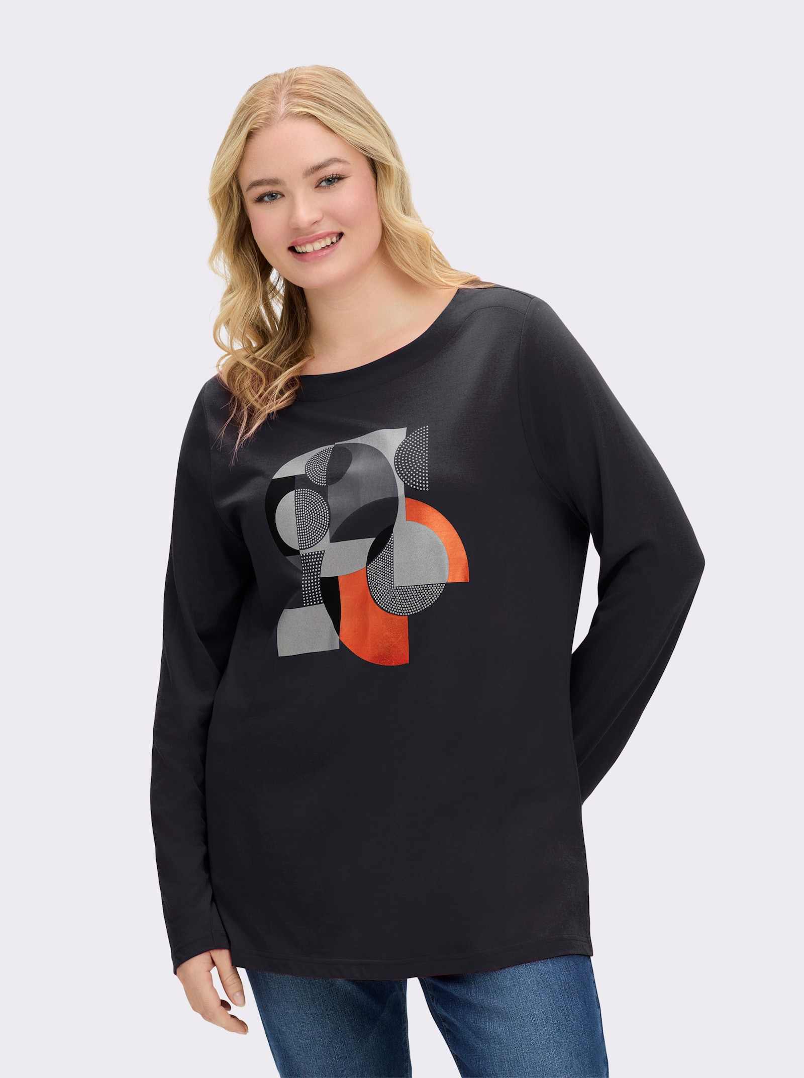 sheego Langarmshirt mit Grafikprint und Glitzersteinchen - schwarz-silberfarben-bedruckt