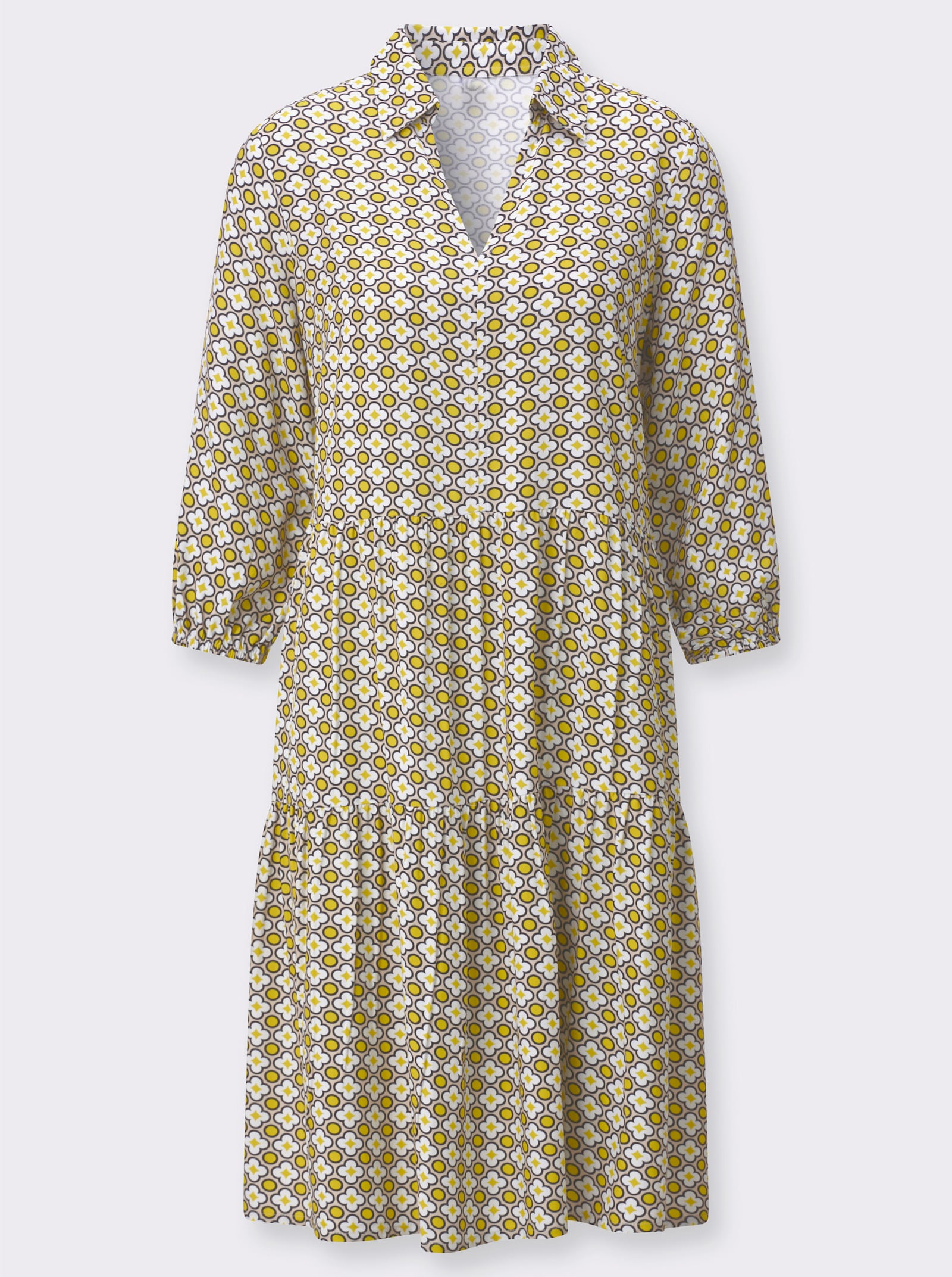 Stufenkleid mit offenem Hemdkragen - sand-limone-bedruckt