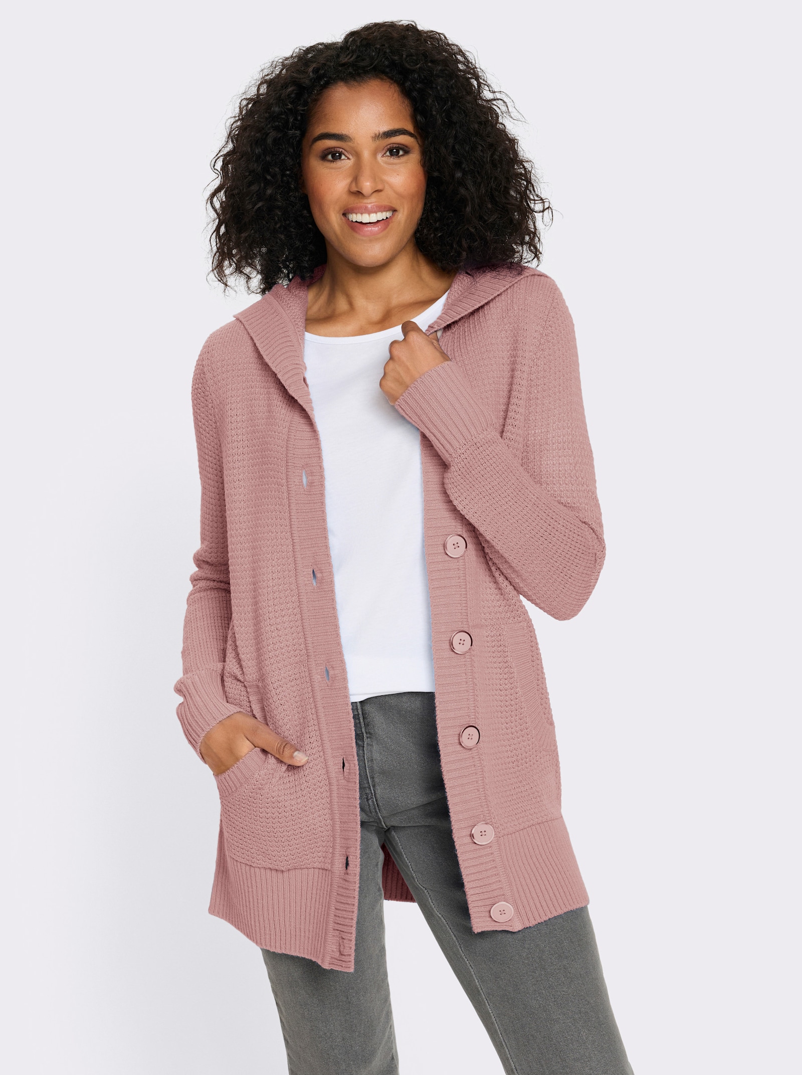 Kapuzenstrickjacke mit Känguru-Taschen - hortensie