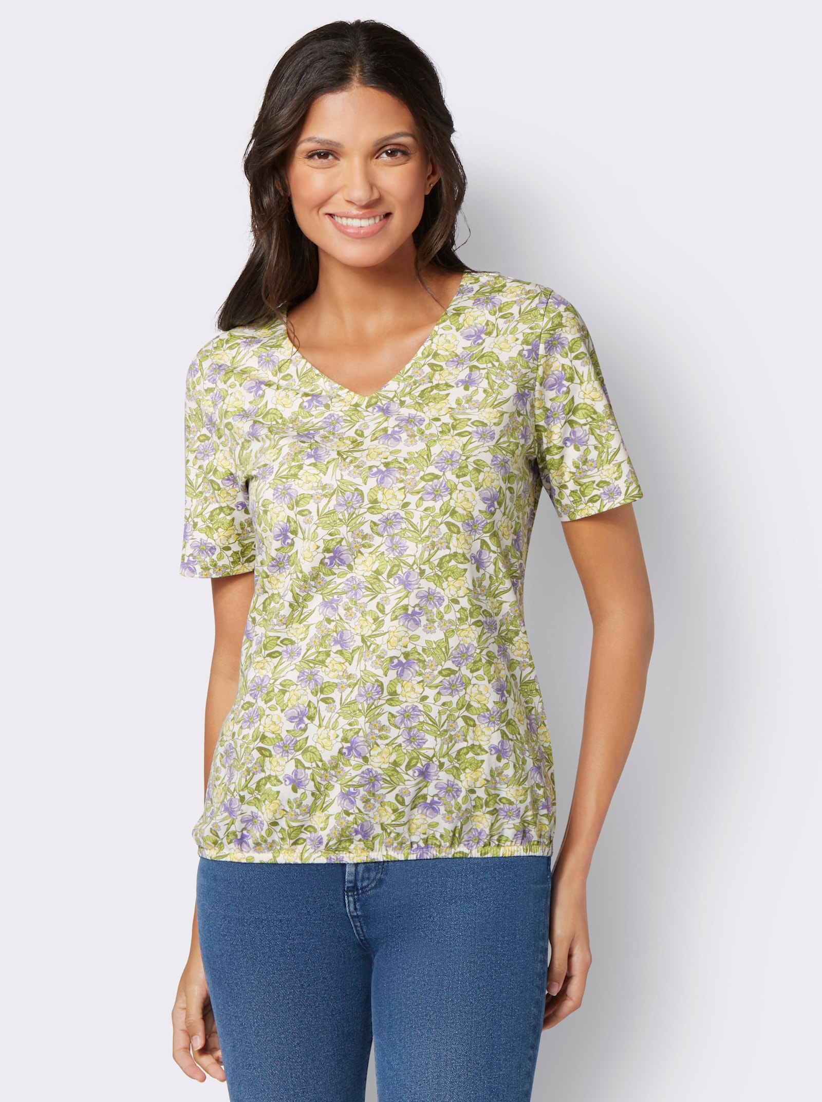 Kurzarmshirt mit elastischem Saum - champagner-flieder-bedruckt