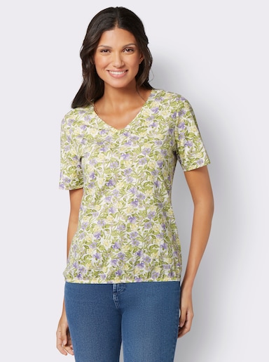 Kurzarmshirt mit elastischem Saum - champagner-flieder-bedruckt