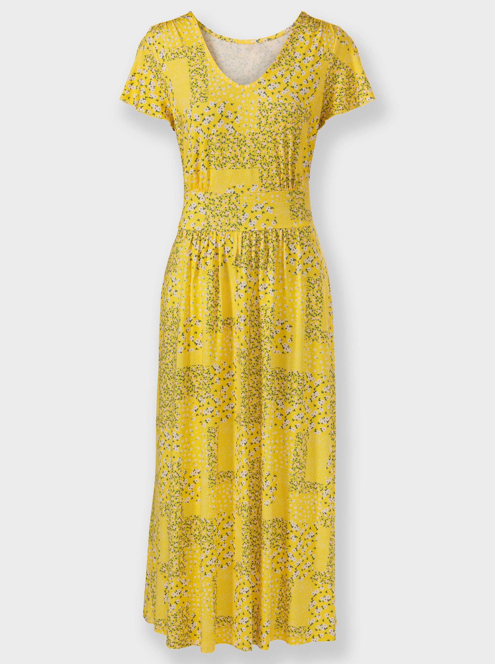 Jerseykleid mit Flügel-Ärmeln - sonnengelb-champagner-bedruckt