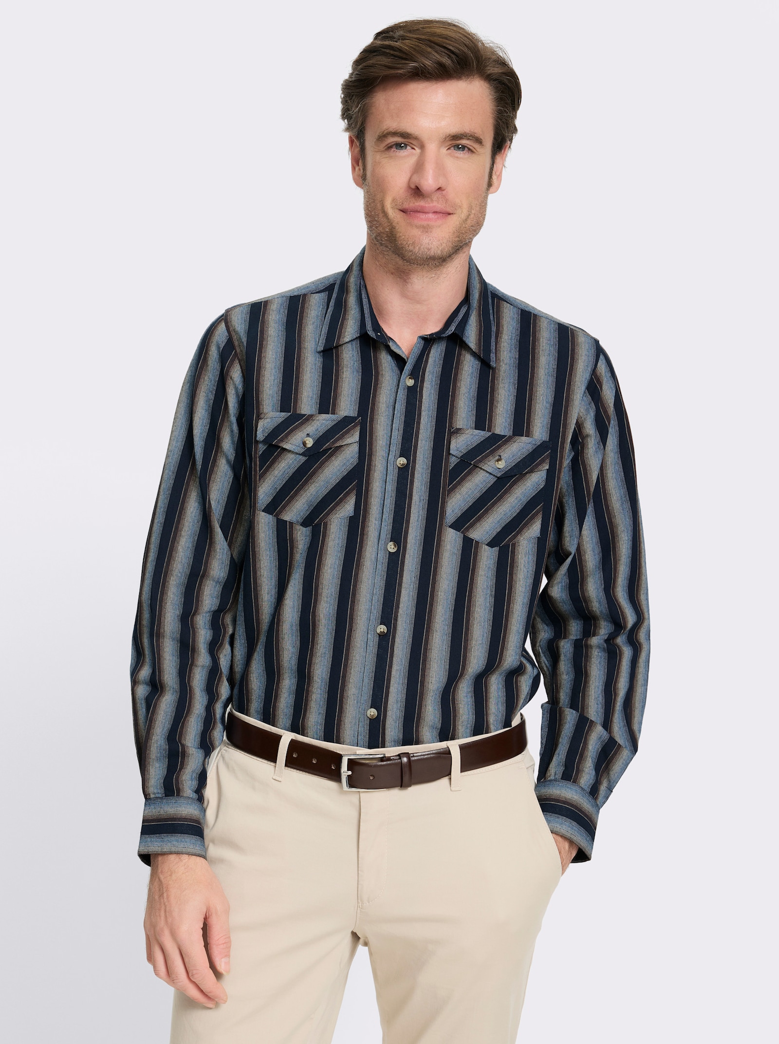 Marco Donati Streifenhemd mit 2 knöpfbaren Brusttaschen - marine-schoko-gestreift