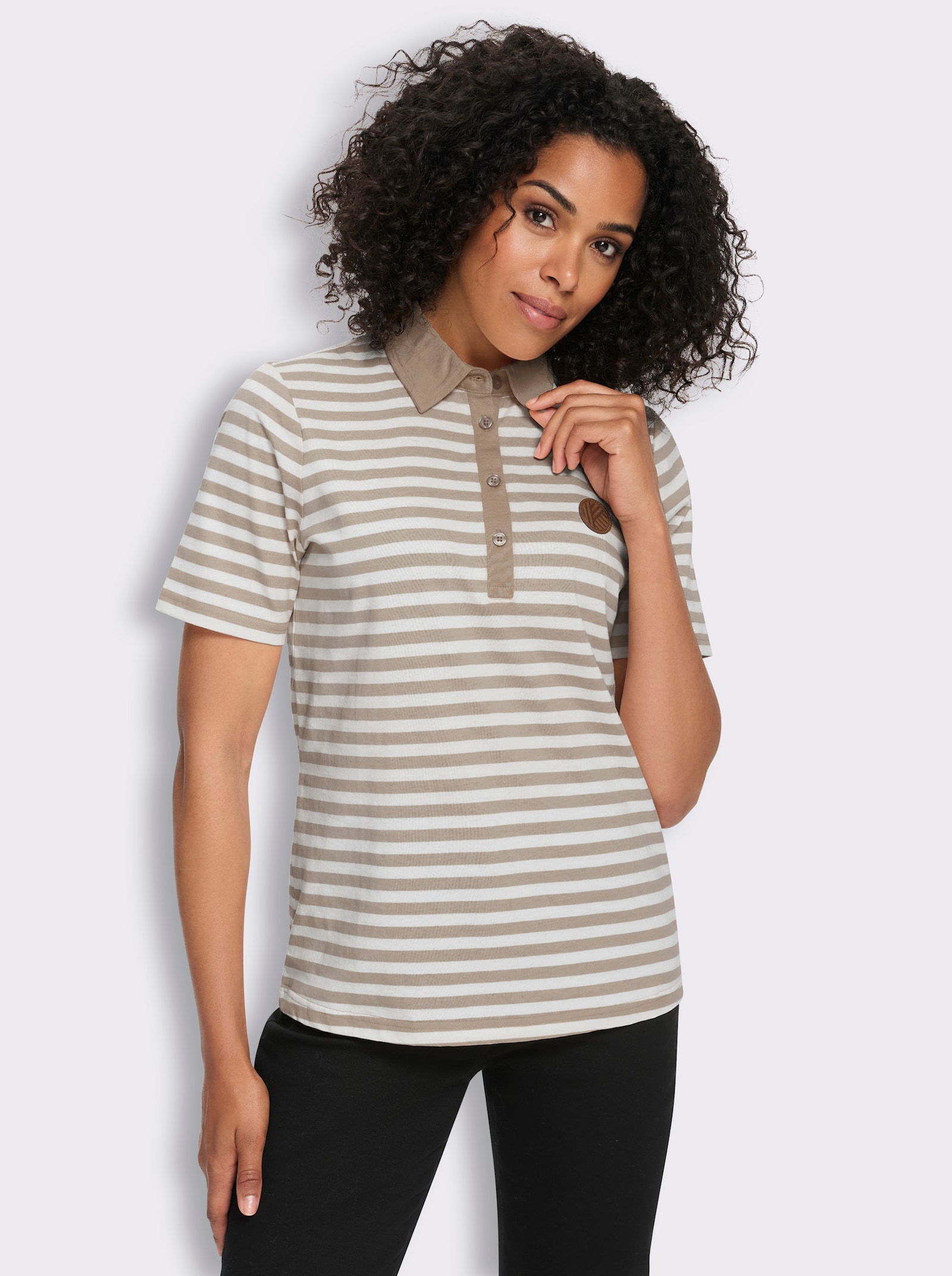 Poloshirt mit Lederimitat-Patch - sesam-weiß-geringelt