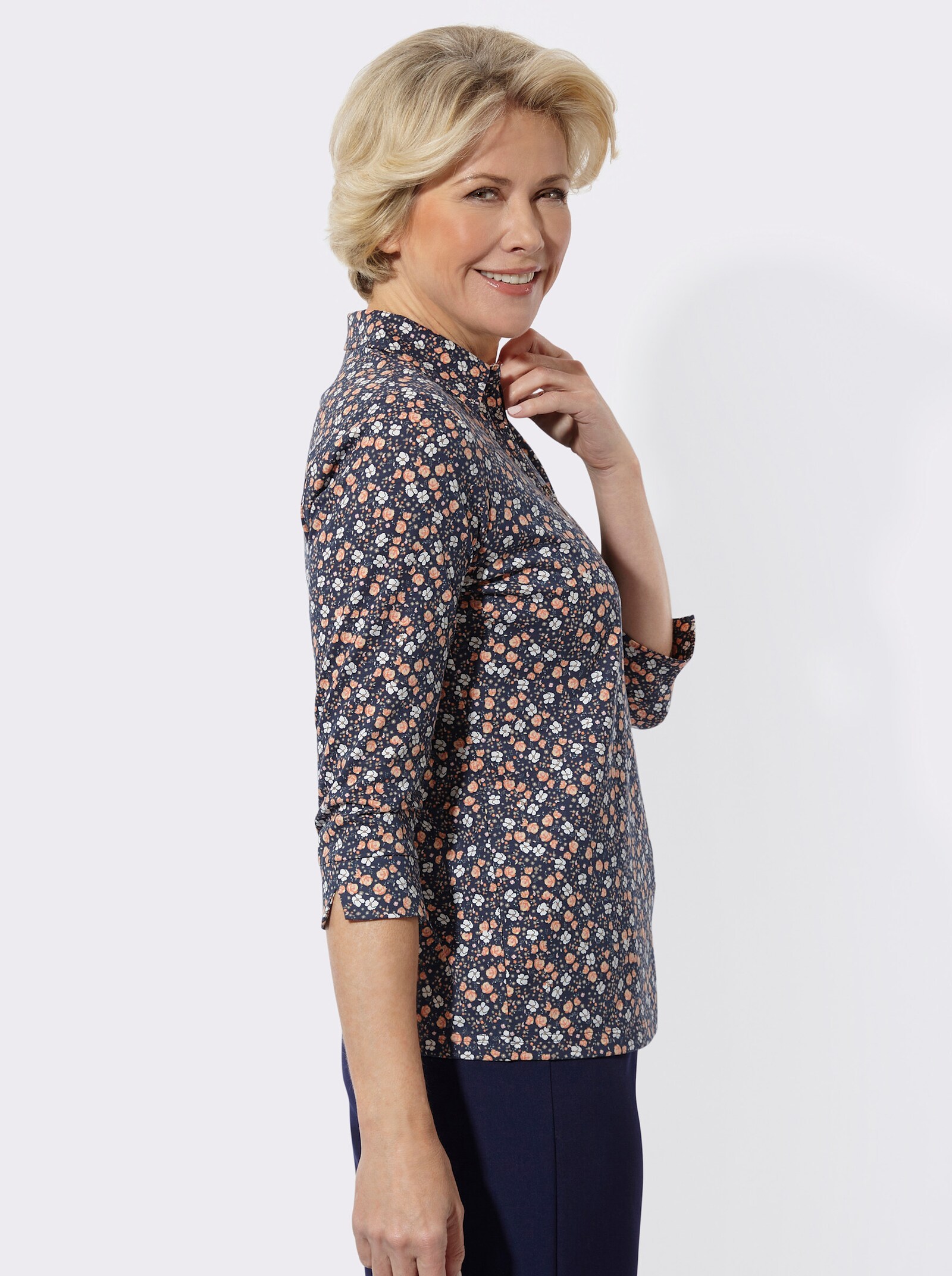 Poloshirt mit Glitzersteinchen - marine-papaya-bedruckt