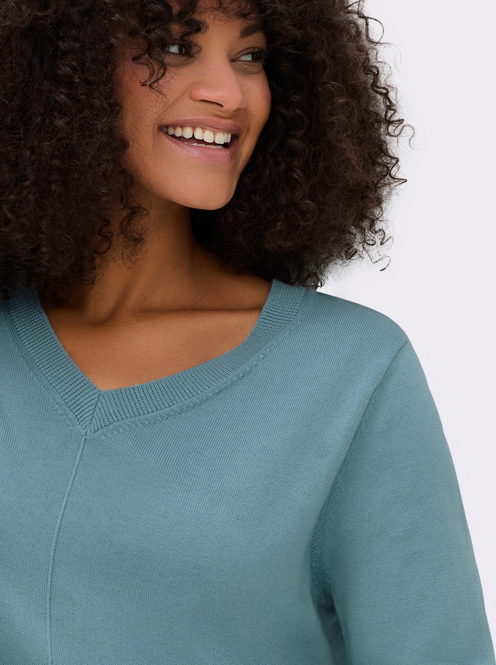 V-Ausschnitt-Pullover mit Biesen vorne - wintertürkis