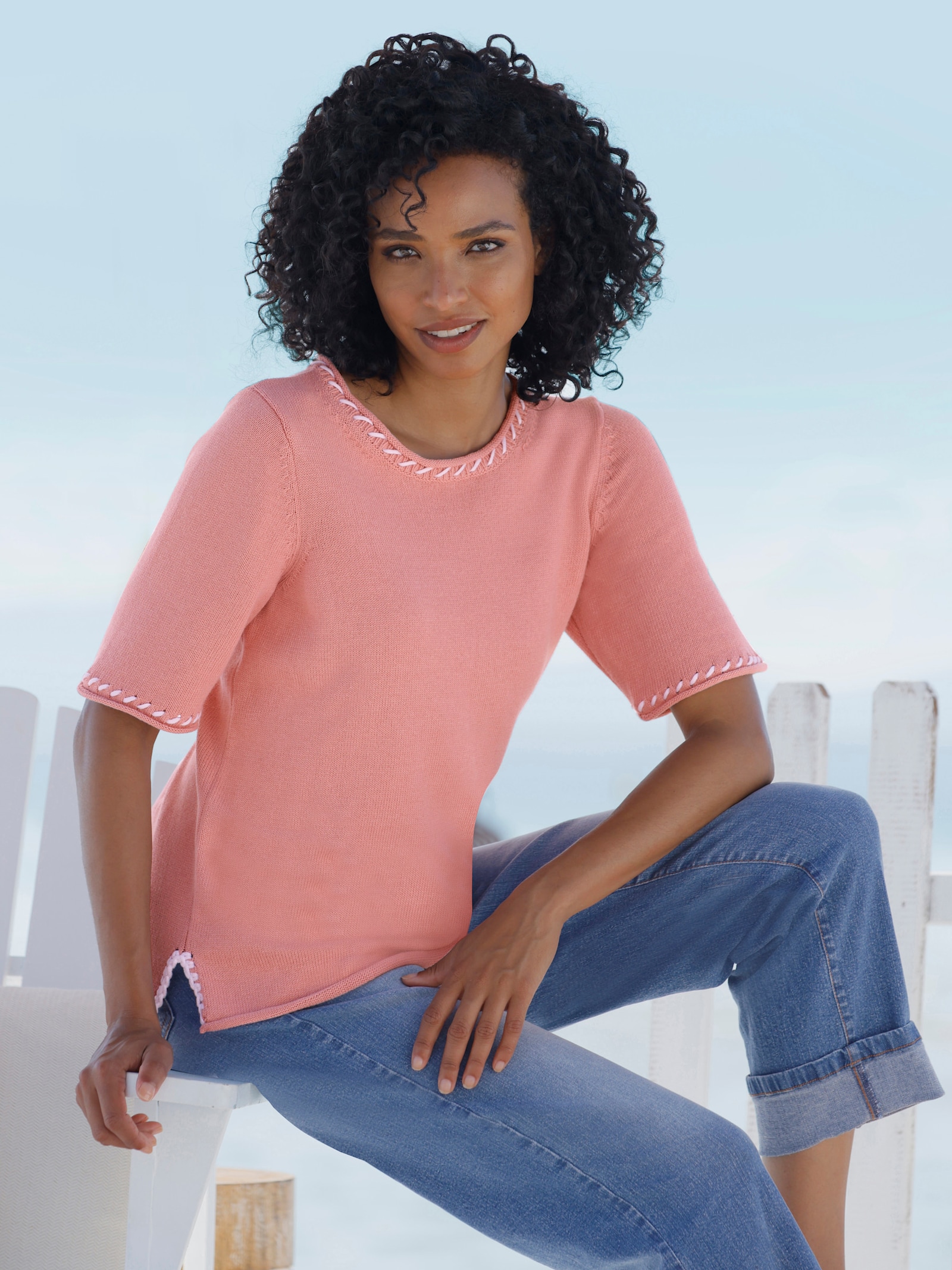 heine Kurzarmpullover mit Seitenschlitzen - rosenquarz-weiß