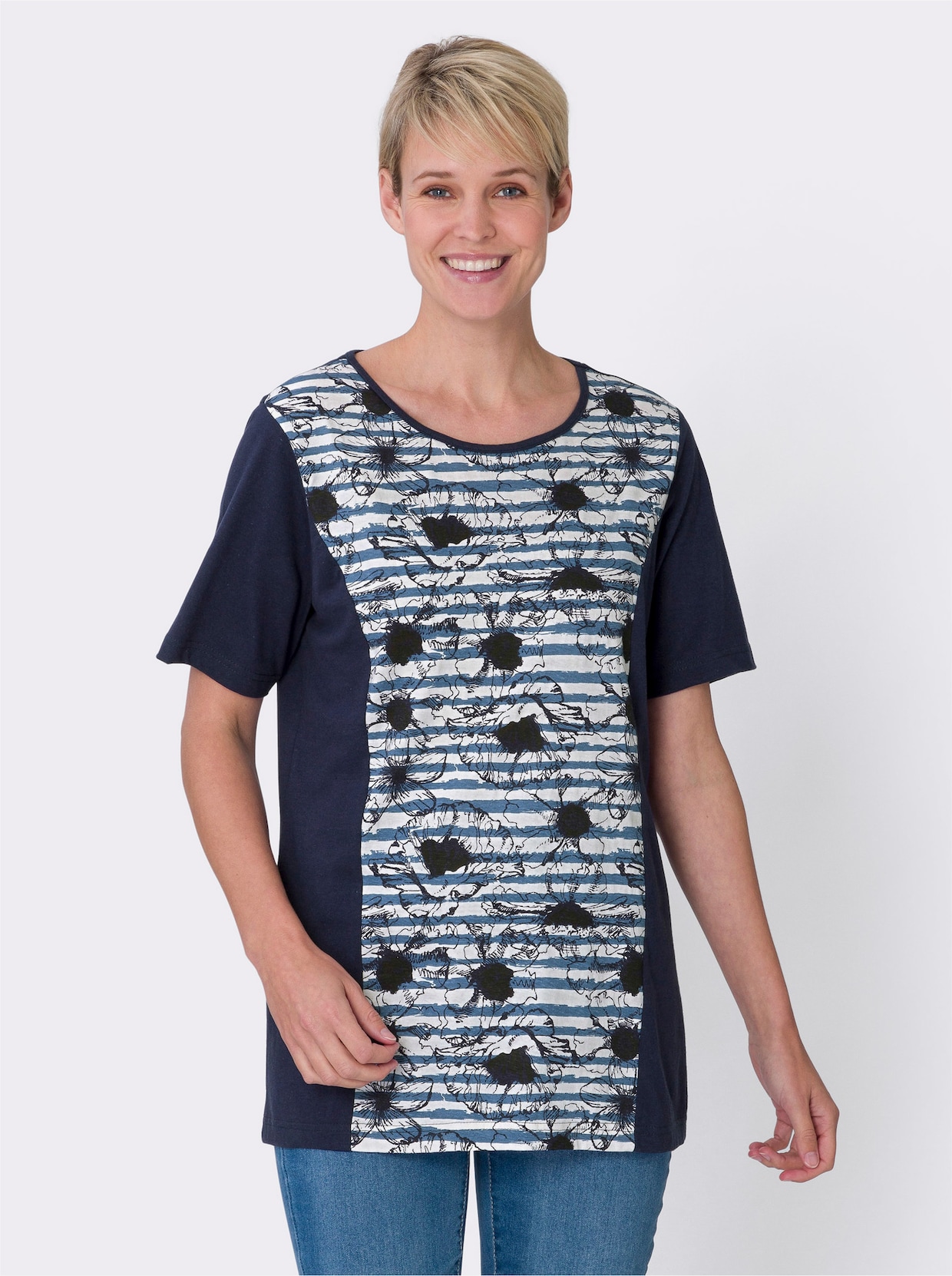 Lang shirt - ecru/middelblauw gestreept