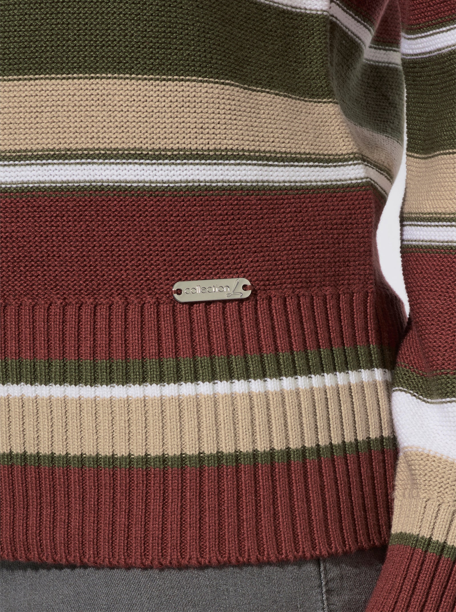 Stehkragenpullover mit Rippbündchen - rotbraun-oliv-geringelt