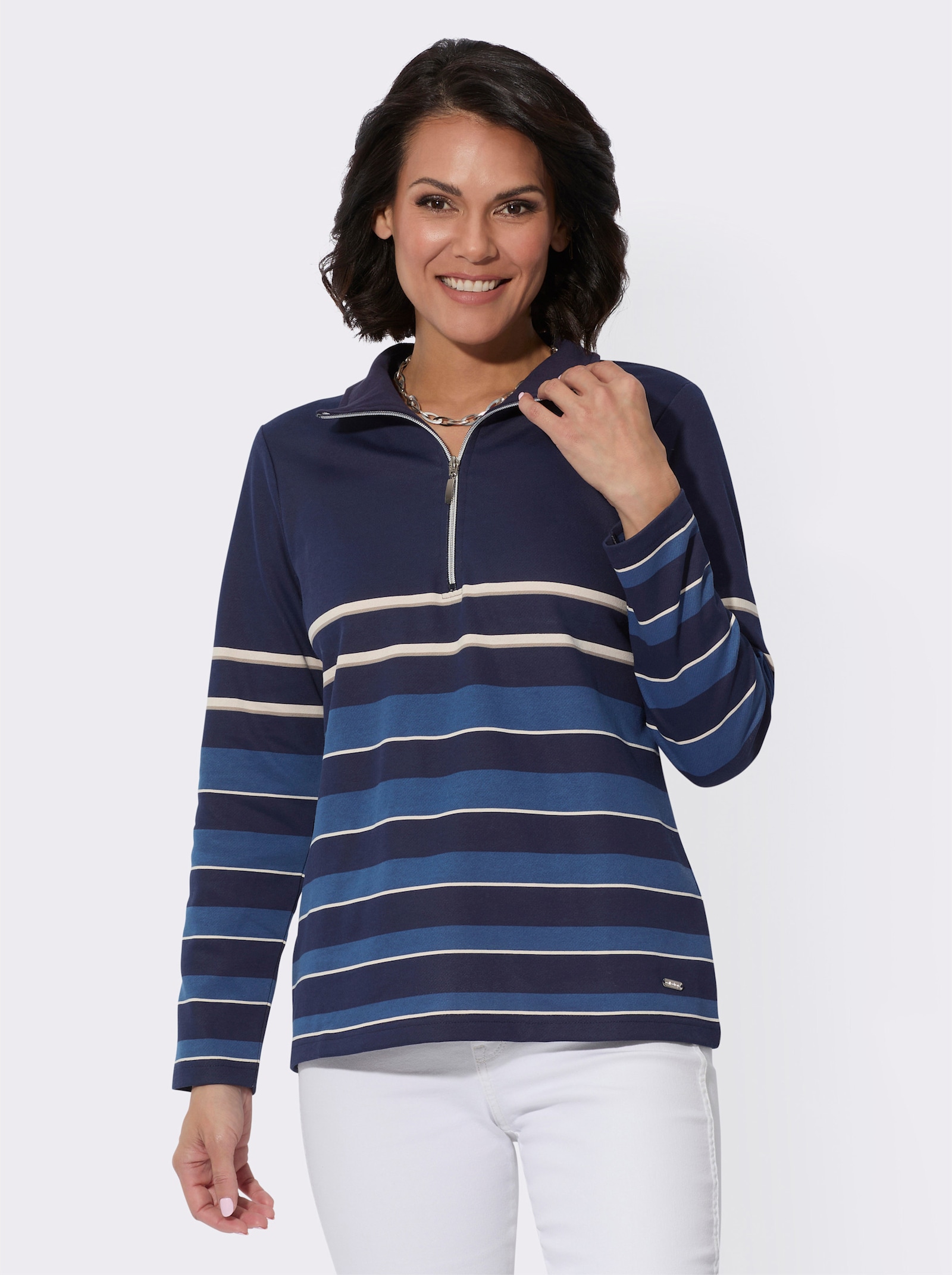 Sweatshirt mit Troyerkragen, geringelt - marine-jeansblau-geringelt